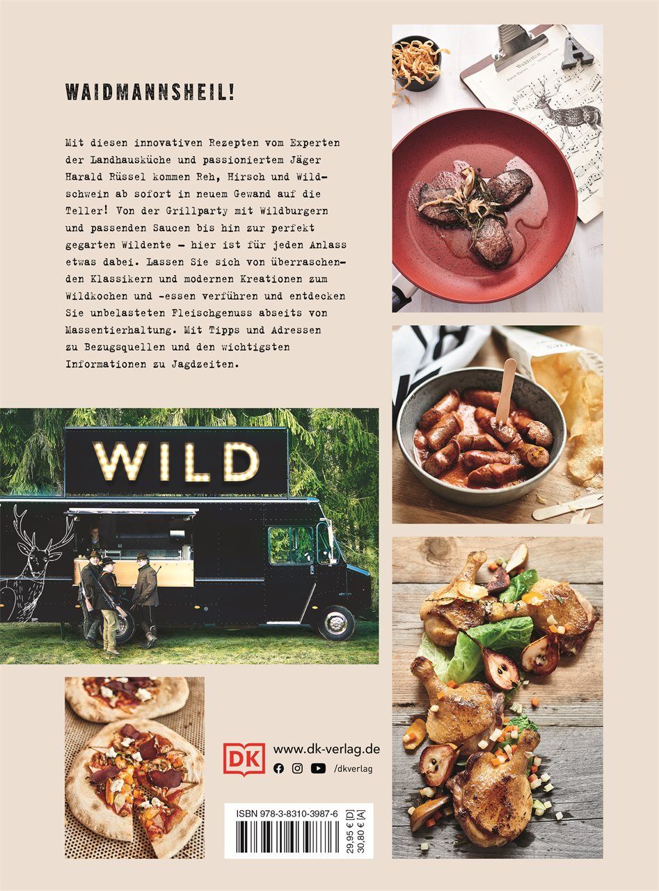 Buchrückseite WILD mit Text und Fotos von Gerichten. DK-Verlag Logo. Foodtruck mit WILD-Schriftzug.