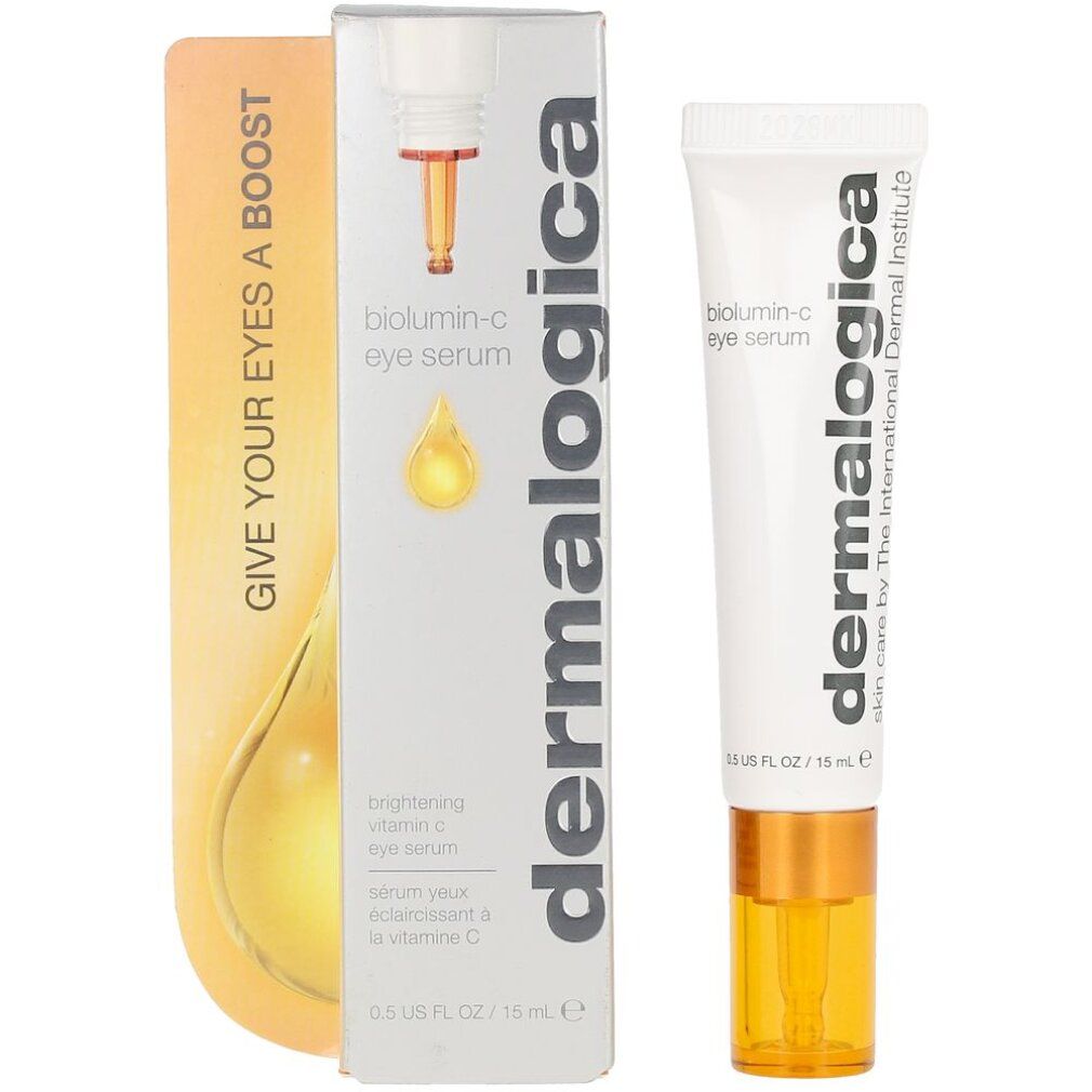 Produktverpackung mit Tube und Beilage. Aufschrift: biolumin-c eye serum, Dermalogica.