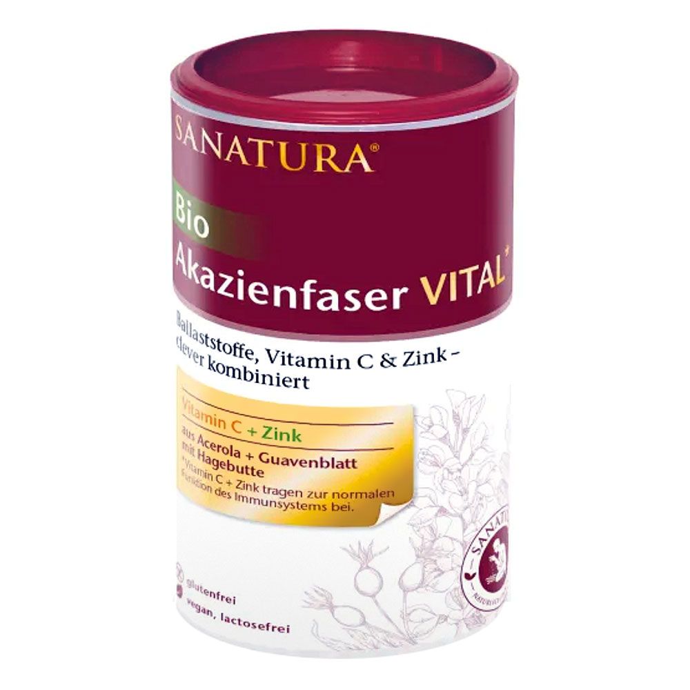 Zylindrische Dose mit der Aufschrift "SANATURA Bio Akazienfaser VITAL". Enthält Ballaststoffe, Vitamin C & Zink. Glutenfrei, vegan, laktosefrei.