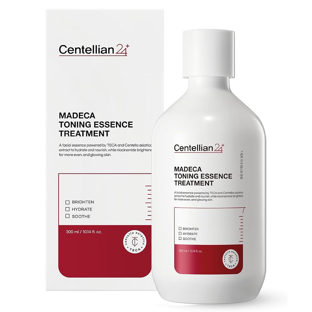 Produkt mit Verpackung. Weiße Flasche mit rotem Etikett. Text: Centellian 24, Madeca Toning Essence Treatment. Logos.