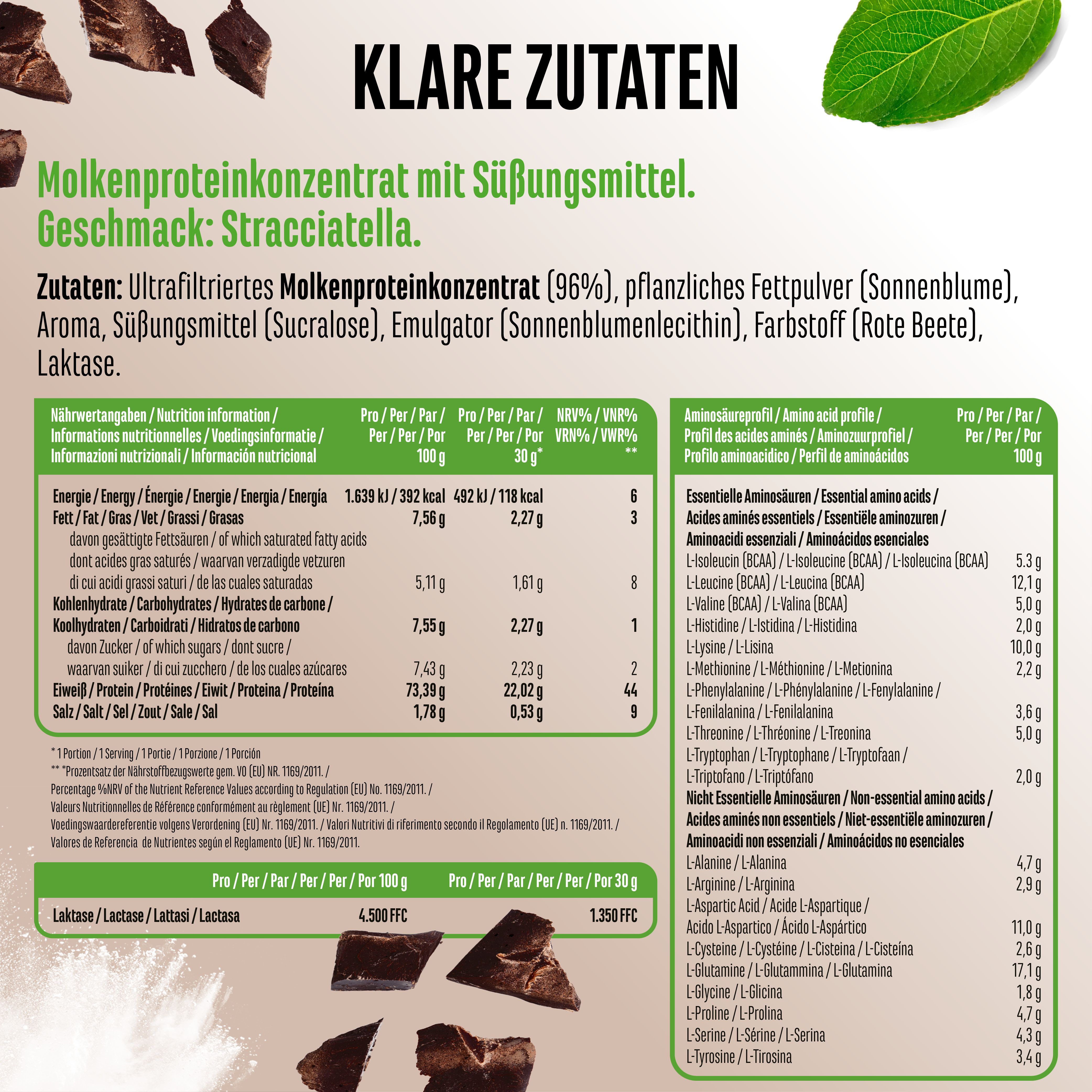 Nährwerttabelle und Aminosäureprofil von Yummy Whey Protein. Enthält Molkenproteinkonzentrat, Süßungsmittel, Aromen.