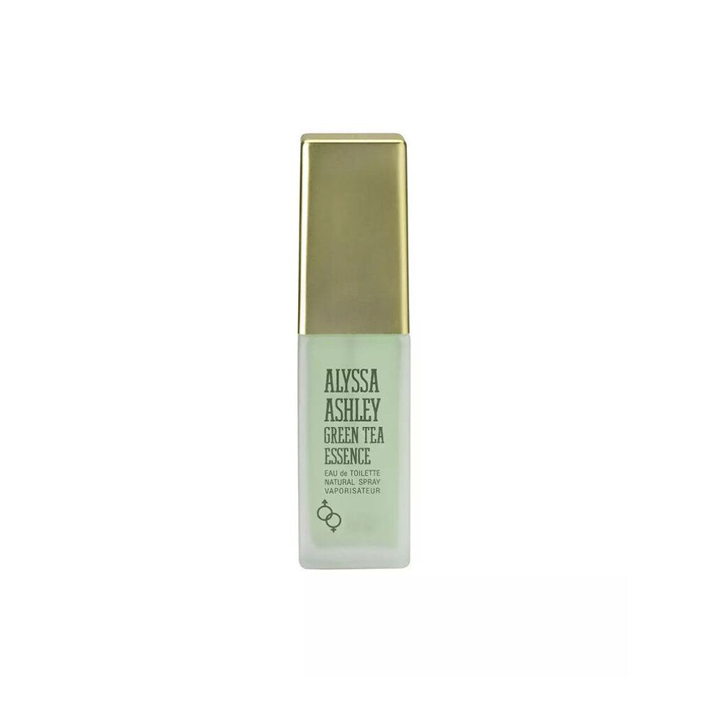 Alyssa Ashley Green Tea Essence Eau de Toilette Spray. Grünliche Flasche, goldfarbener Deckel, Schriftzug. 50 ml.