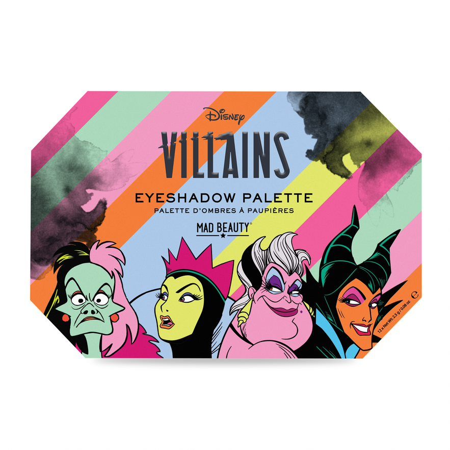 Palette di ombretti Pop Villains. Achteckige Verpackung mit Disney-Bösewichten. Aufschrift: Eyeshadow Palette, Mad Beauty.