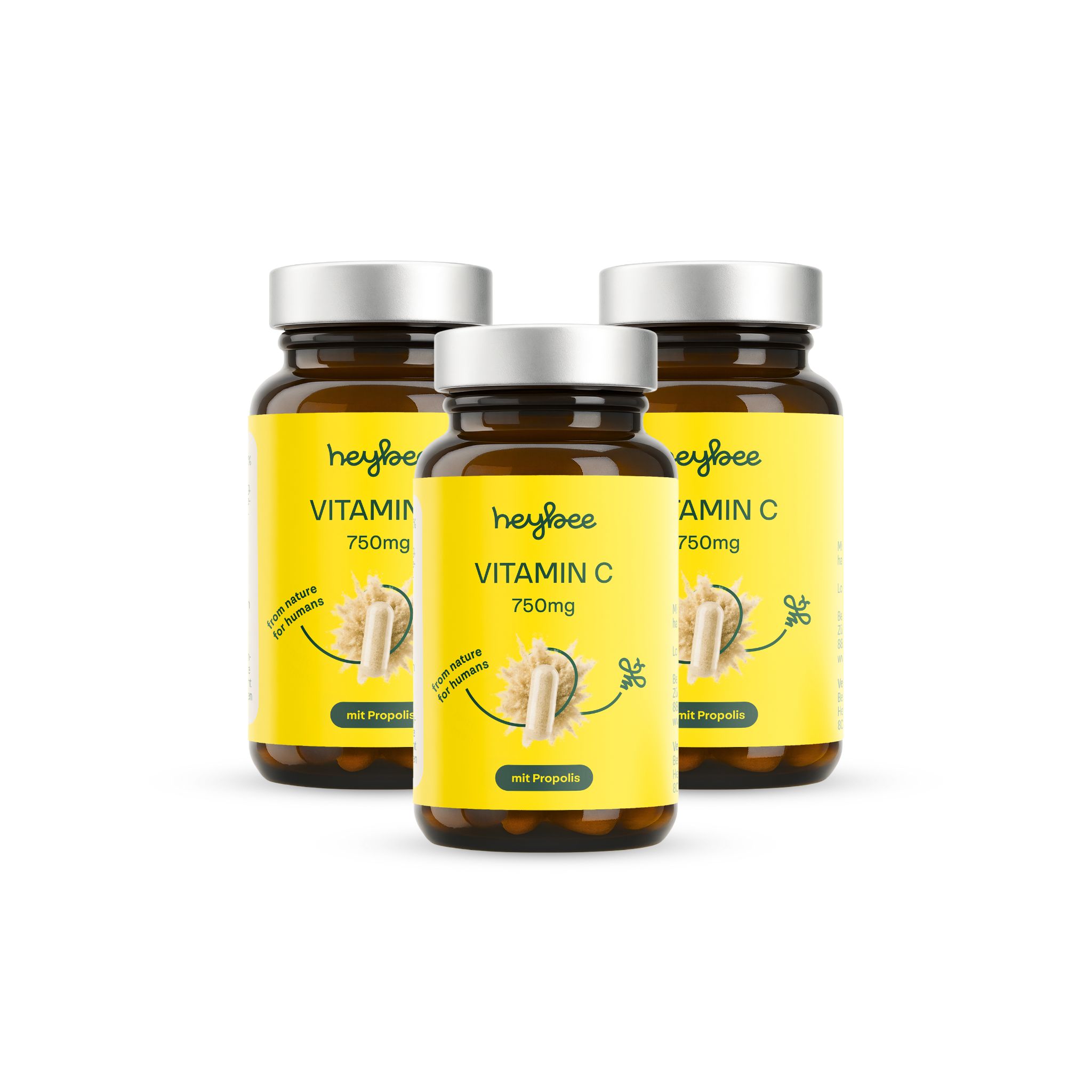 Drei braune Flaschen mit gelben Etiketten. Text: Vitamin C 750mg. Produkt: heybee Vitamin C 750mg + Propolis - 3er Packung.