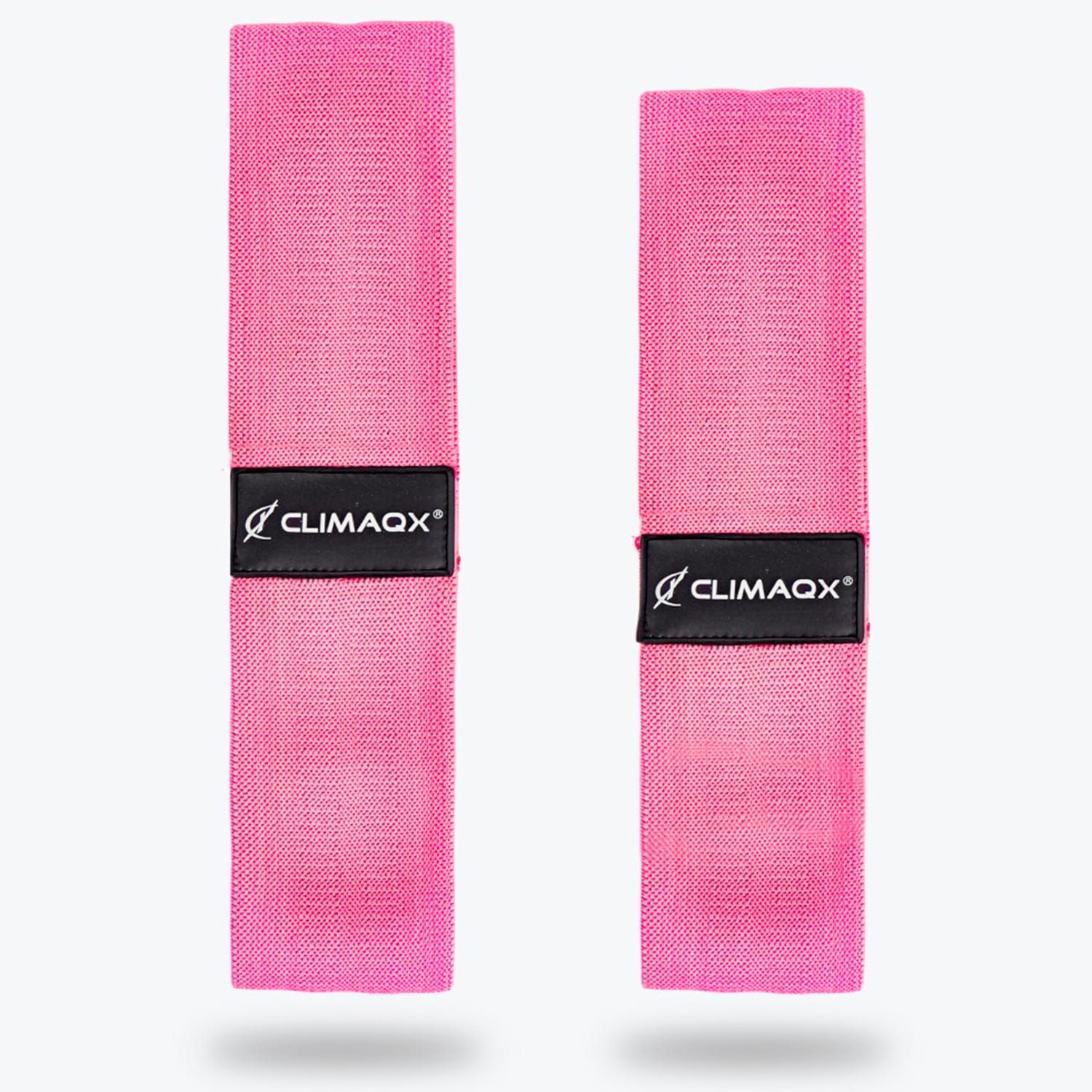 Zwei pinkfarbene CLIMAQX Booty Bands. Schwarzes Logo auf schwarzem Etikett. Elastisches Material.