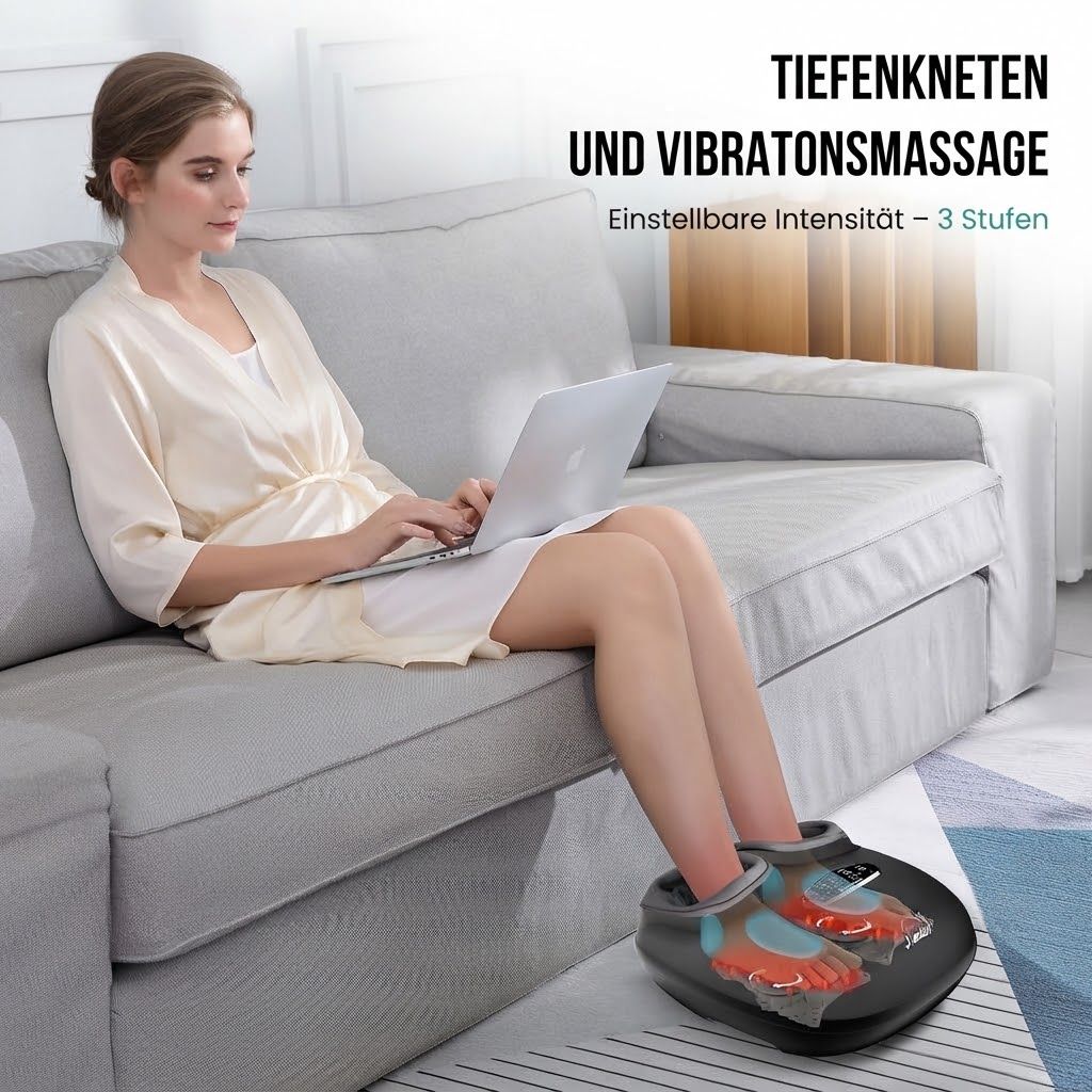 Frau sitzt auf einem Sofa und benutzt ein Fußmassagegerät mit Tiefenknneten und Vibration.