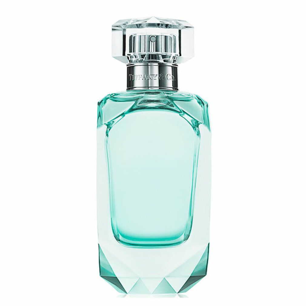 Türkisfarbener Flakon mit Facettenschliff. Transparenter Verschluss. Silberner Hals. Tiffany & Co. Schriftzug.