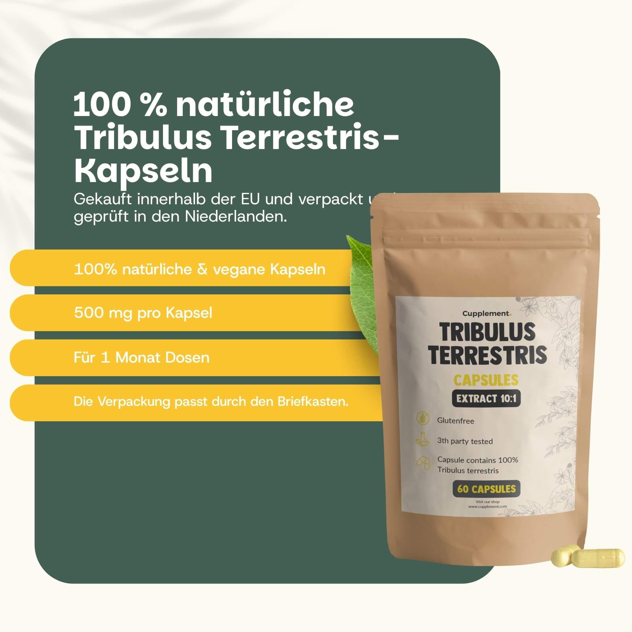 Beutel mit Kapseln. Aufschrift: Tribulus Terrestris Capsules, 60 Kapseln. 100% natürlich, vegan, 500 mg pro Kapsel.