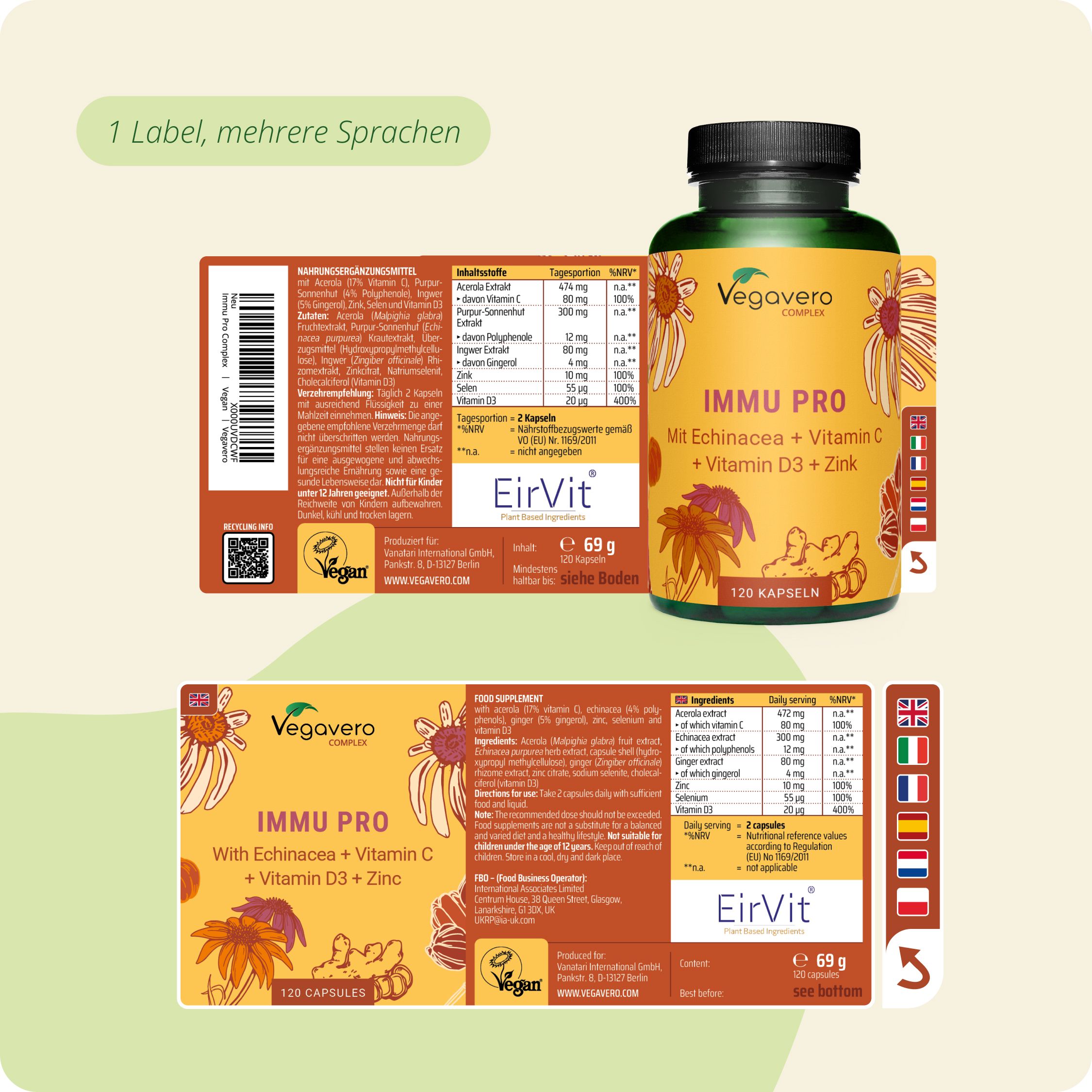 Veggavero IMMU PRO Kapseln mit Echinacea, Vitamin C, D3 und Zink. Flasche und zwei Verpackungsaufdrucke mit Nährwertangaben.