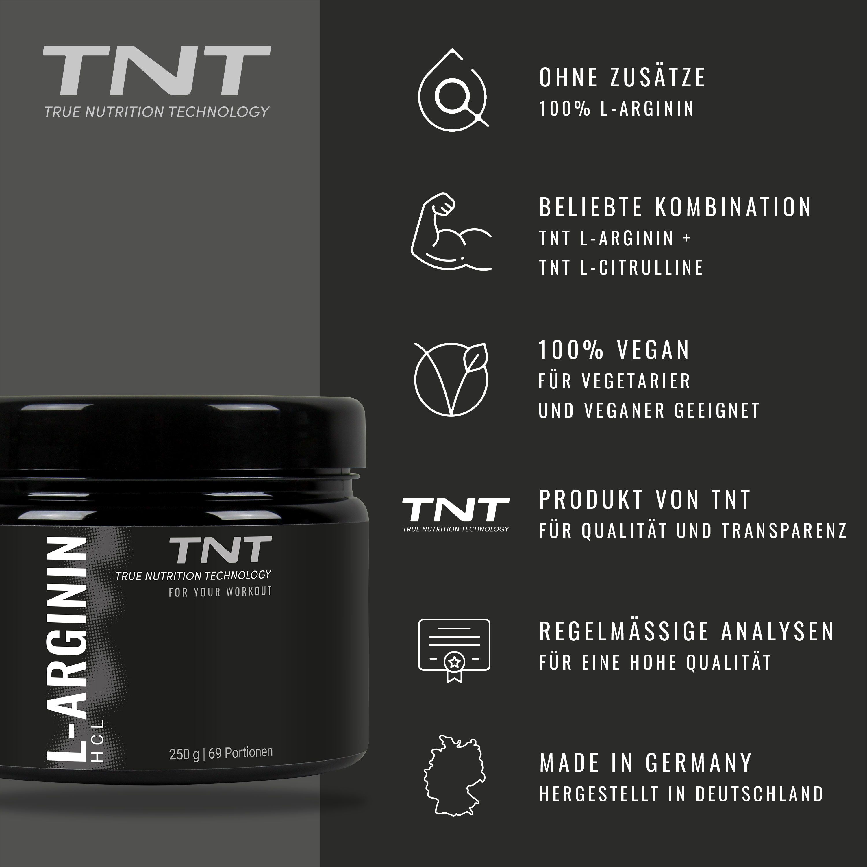 Produktinformationen: TNT L-Arginin, ohne Zusätze, 100% L-Arginin, vegan, hergestellt in Deutschland. Grafische Elemente.