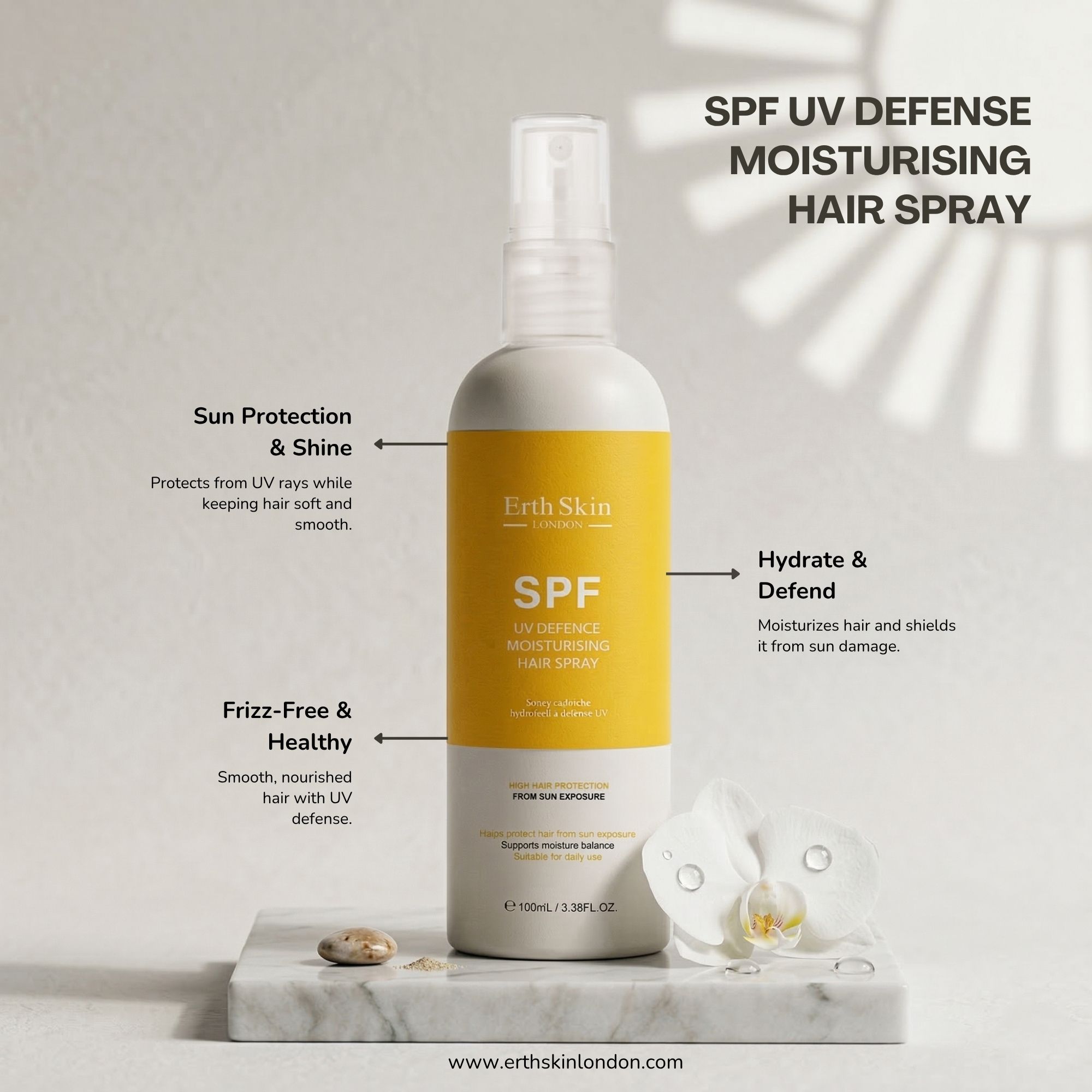 Haarspray-Flasche mit gelbem Etikett. Aufschrift: SPF. ErthSkin London. Textfelder mit Produktinformationen.