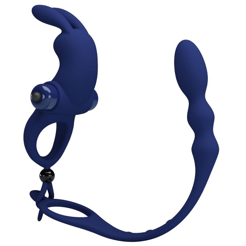 Blauer Vibrationsring mit Hasenohren-Design und geriffelter Verlängerung. Enthält eine kleine Kugel und eine Schlaufe.
