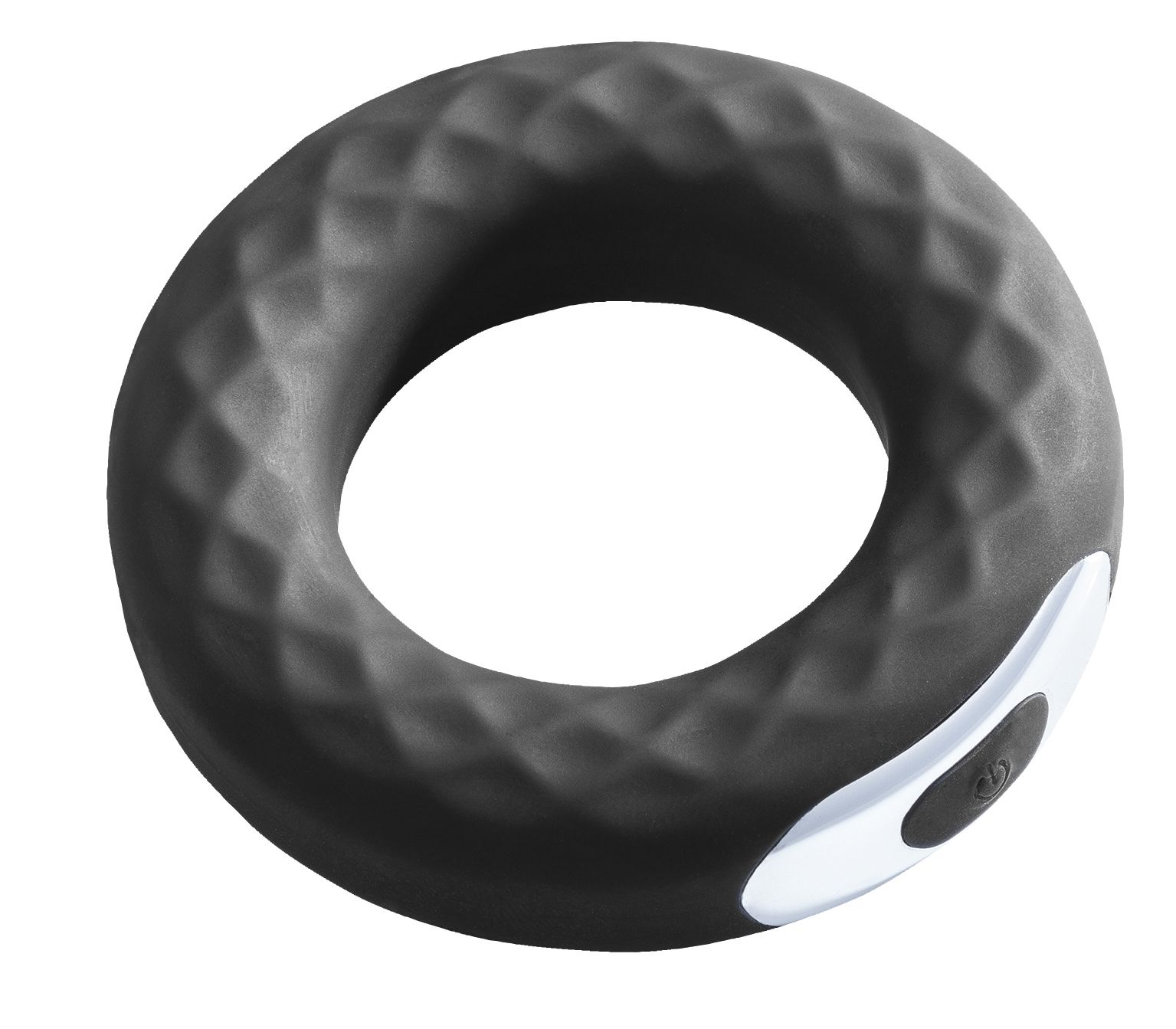 Schwarzer, ringförmiger Gegenstand mit rautenförmiger Textur. Ein weißes Element mit Knöpfen ist sichtbar.