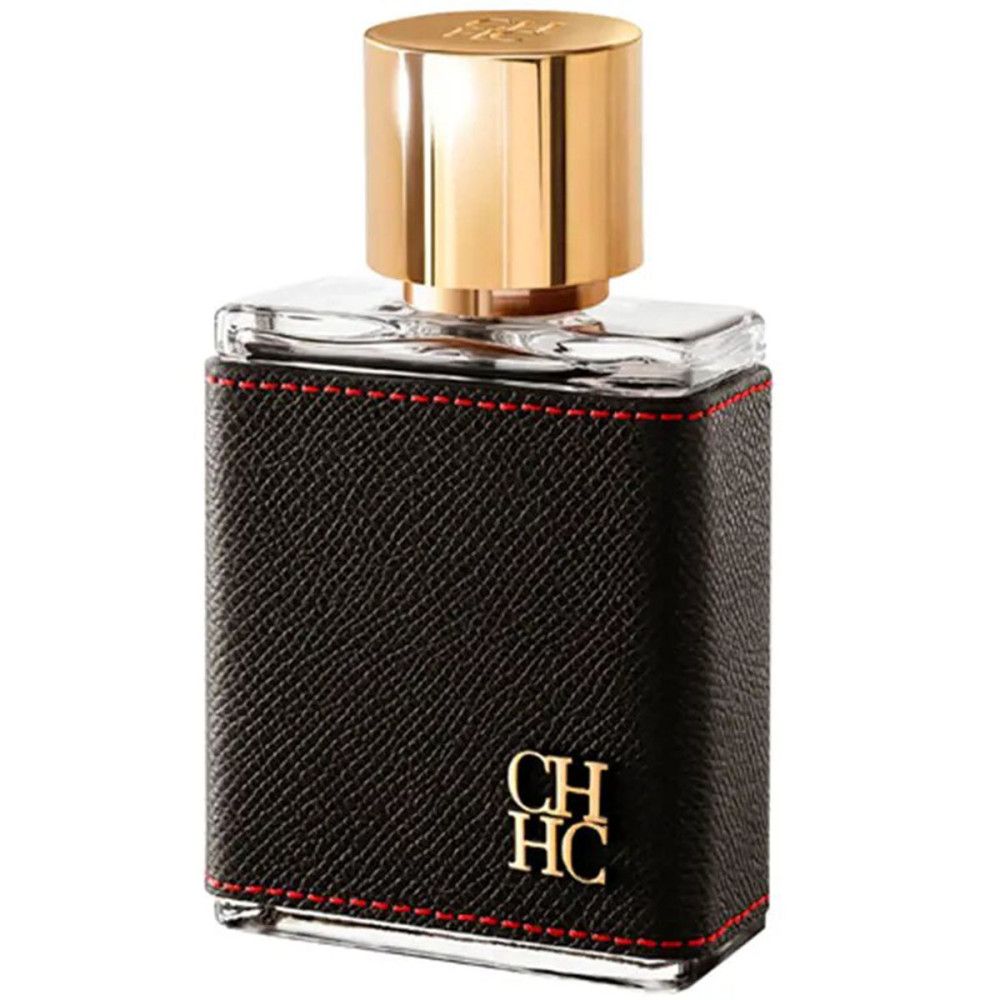 Eau de Toilette-Flakon mit schwarzem Lederimitat, roter Naht und goldenem Verschluss. Logo unten rechts.