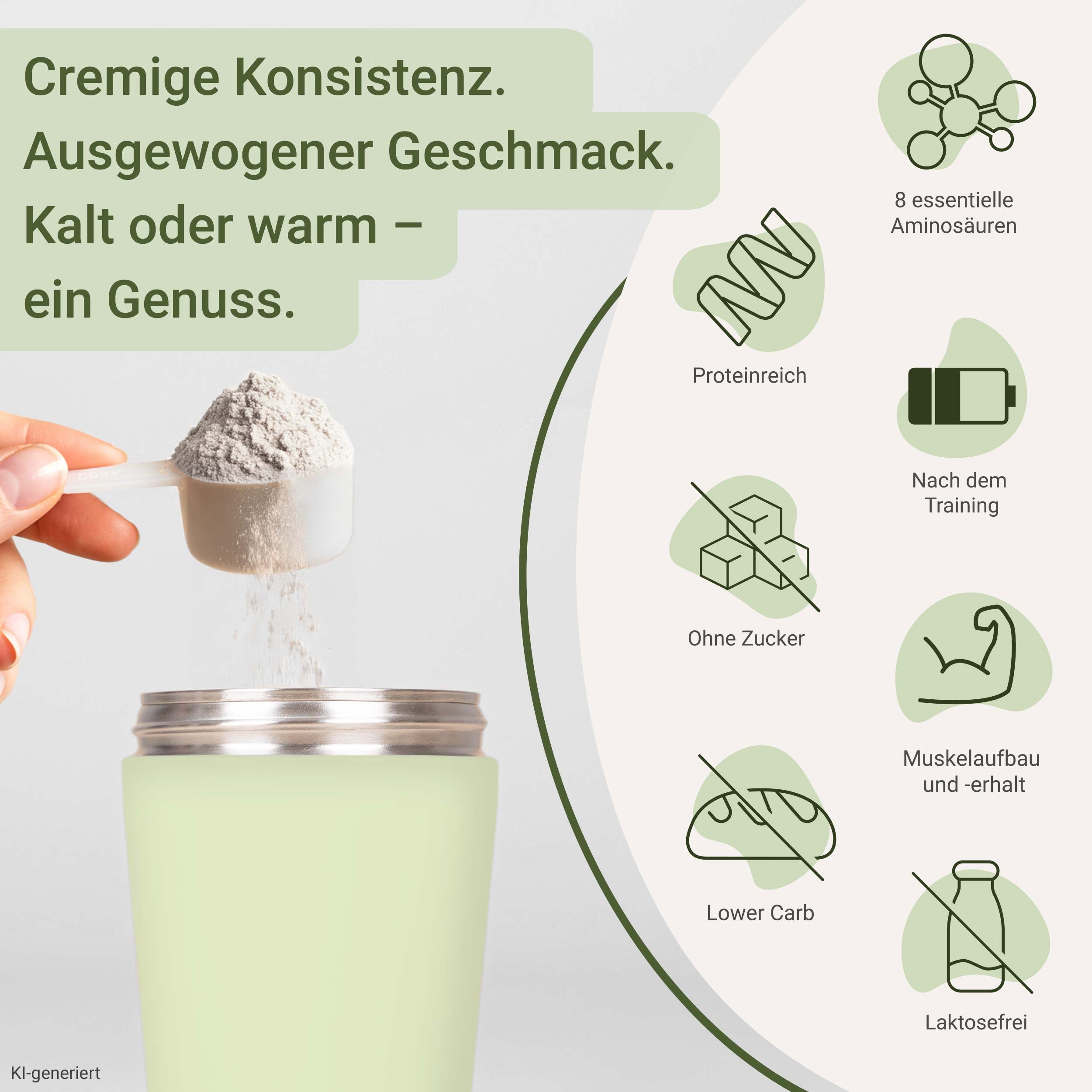 Pulver wird aus einem Löffel in einen Shaker geschüttet. Cremige Konsistenz, proteinreich, ohne Zucker.