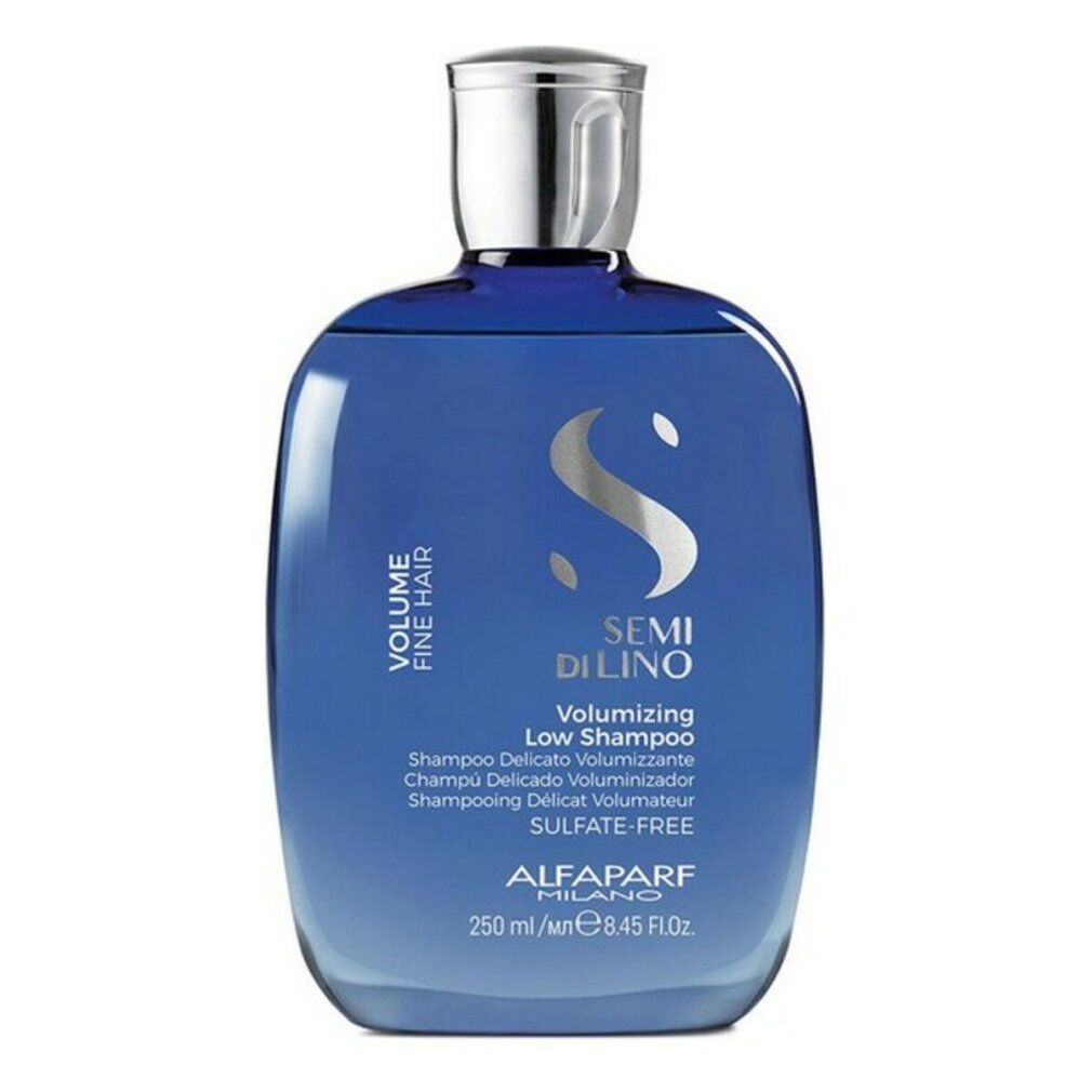 Blauer Flakon mit silbernem Verschluss, enthält Semi Di Lino Volumizing Low Shampoo.