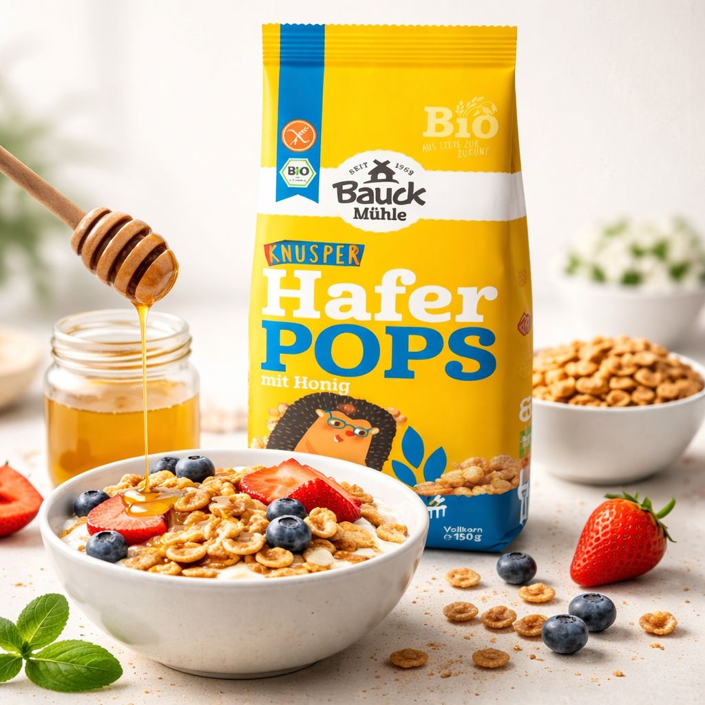 Bauckhof Haferpops mit Honig glutenfrei: Schüssel mit Müsli, Beeren, Honig und Haferflocken-Packung.