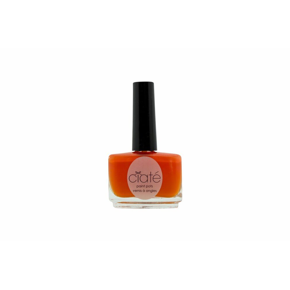 Nagellackflasche mit orangefarbenem Lack. Schwarzer Deckel. Aufkleber mit "ciaté" und "paint pot".