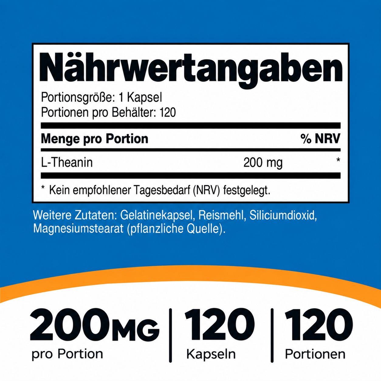 Nährwertangaben: L-Theanin 200mg pro Kapsel, 120 Kapseln pro Behälter.