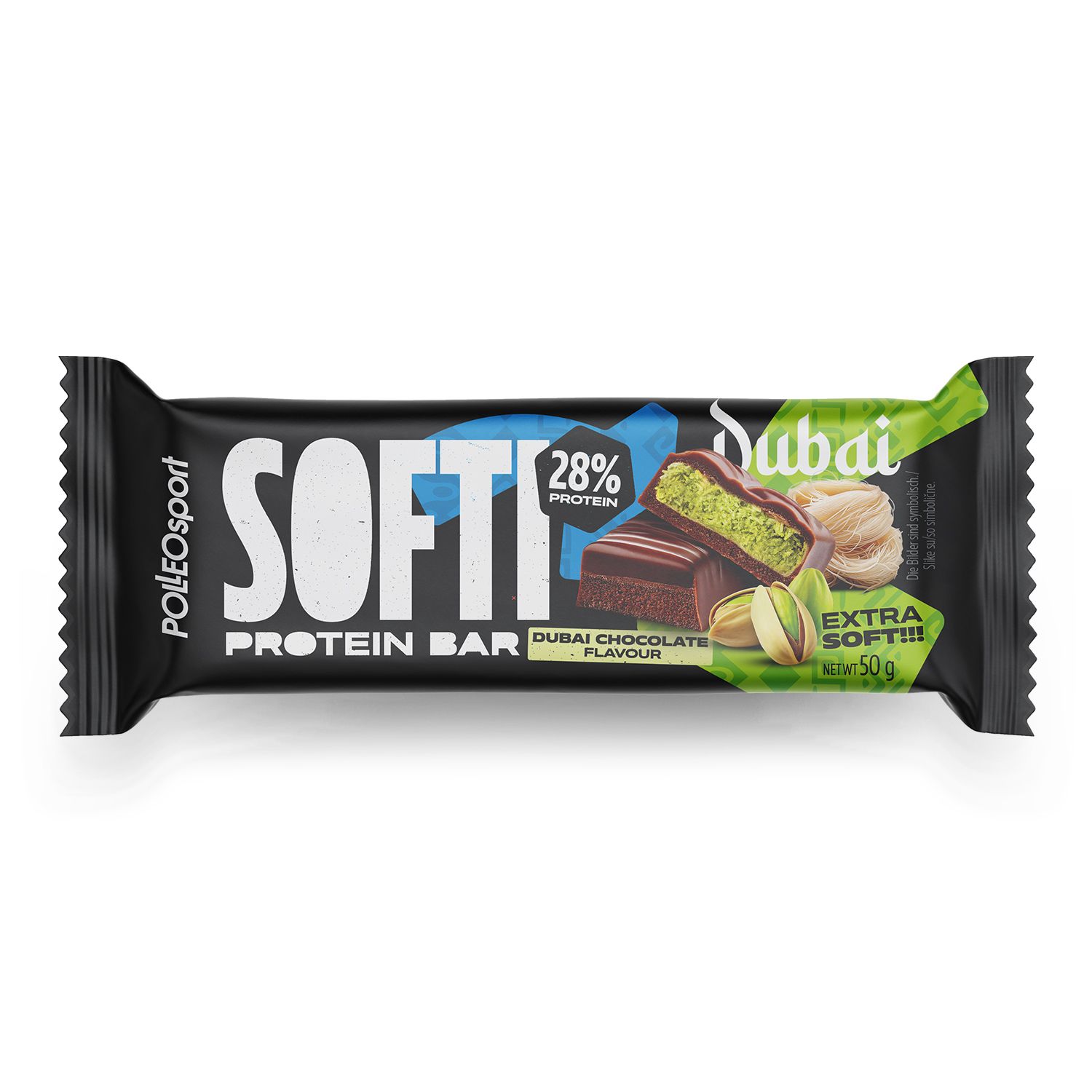 Einzelne Proteinriegel. Aufschrift: SOFTI Protein Bar. Geschmack: Dubai Chocolate. Mit Pistazien.