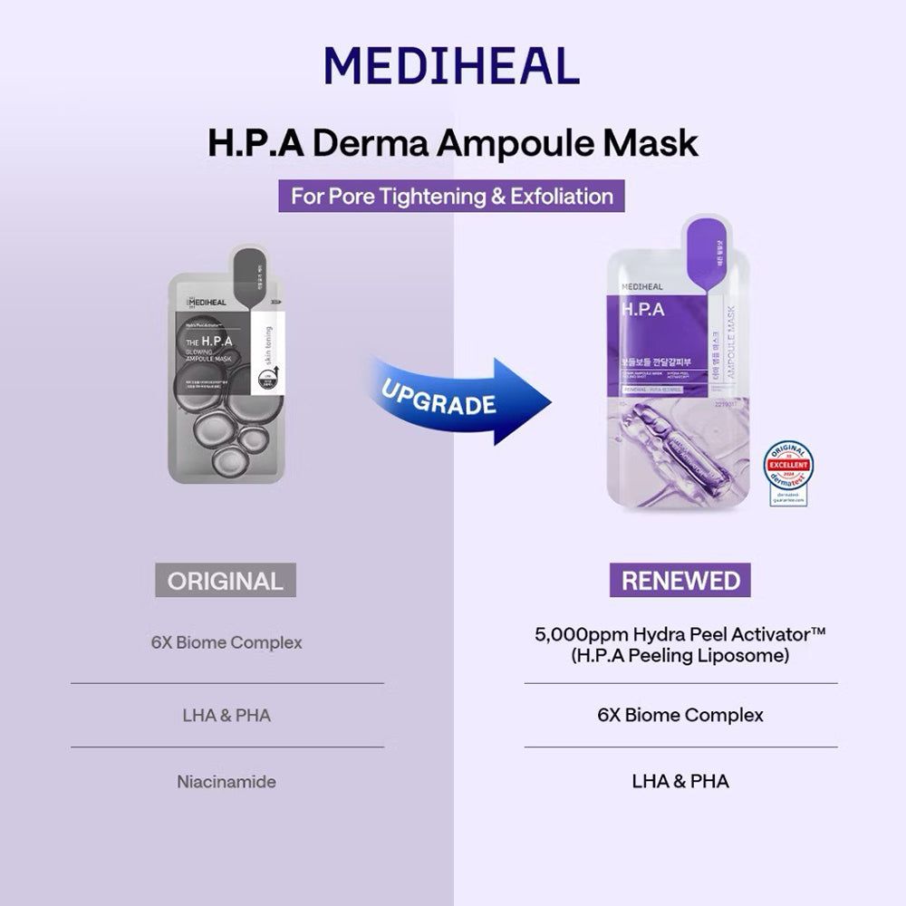 Vergleich von MEDIHEAL Derma Ampoule Tuchmaske H.P.A. Original und Renewed. Upgrade-Pfeil und Produktmerkmale.