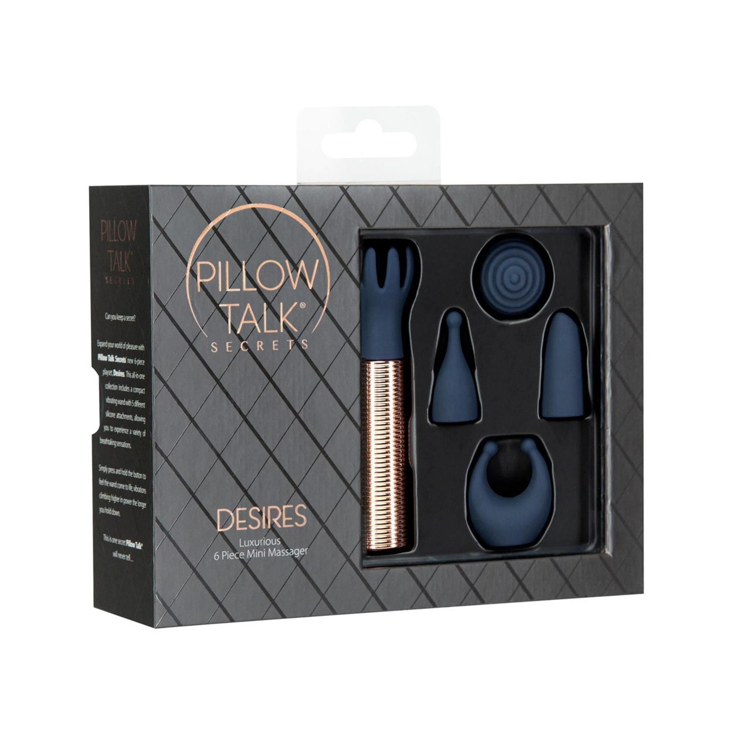 Verpackung von Pillow Talk Desires. Enthält Minivibrator, Aufsätze, und Zubehör. Schwarze Box mit Produktnamen und Logo.
