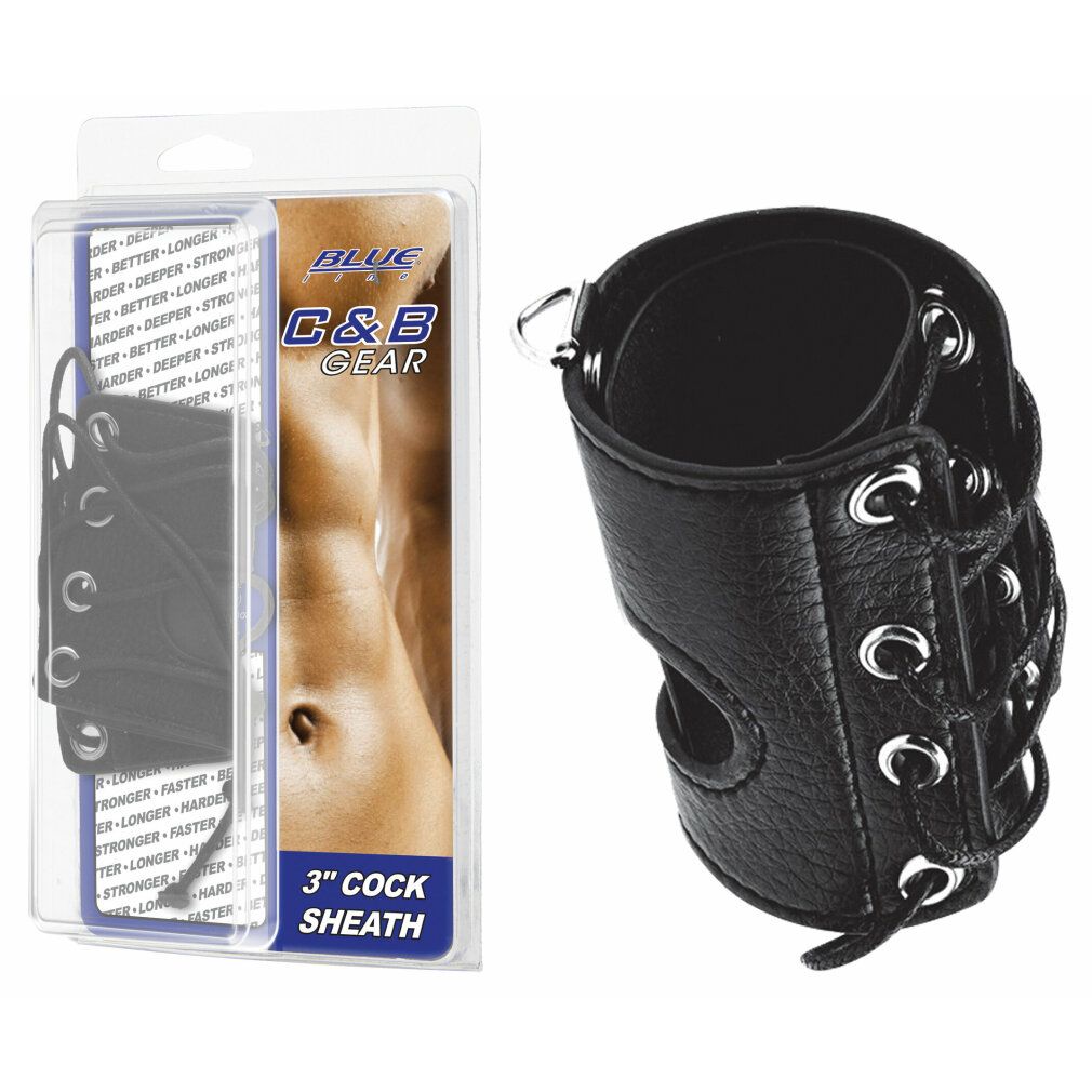 Schwarze Peniskorsett-Hülle mit Leinenöse. In Klarsichtverpackung mit Produktinformationen und Markenlogo.