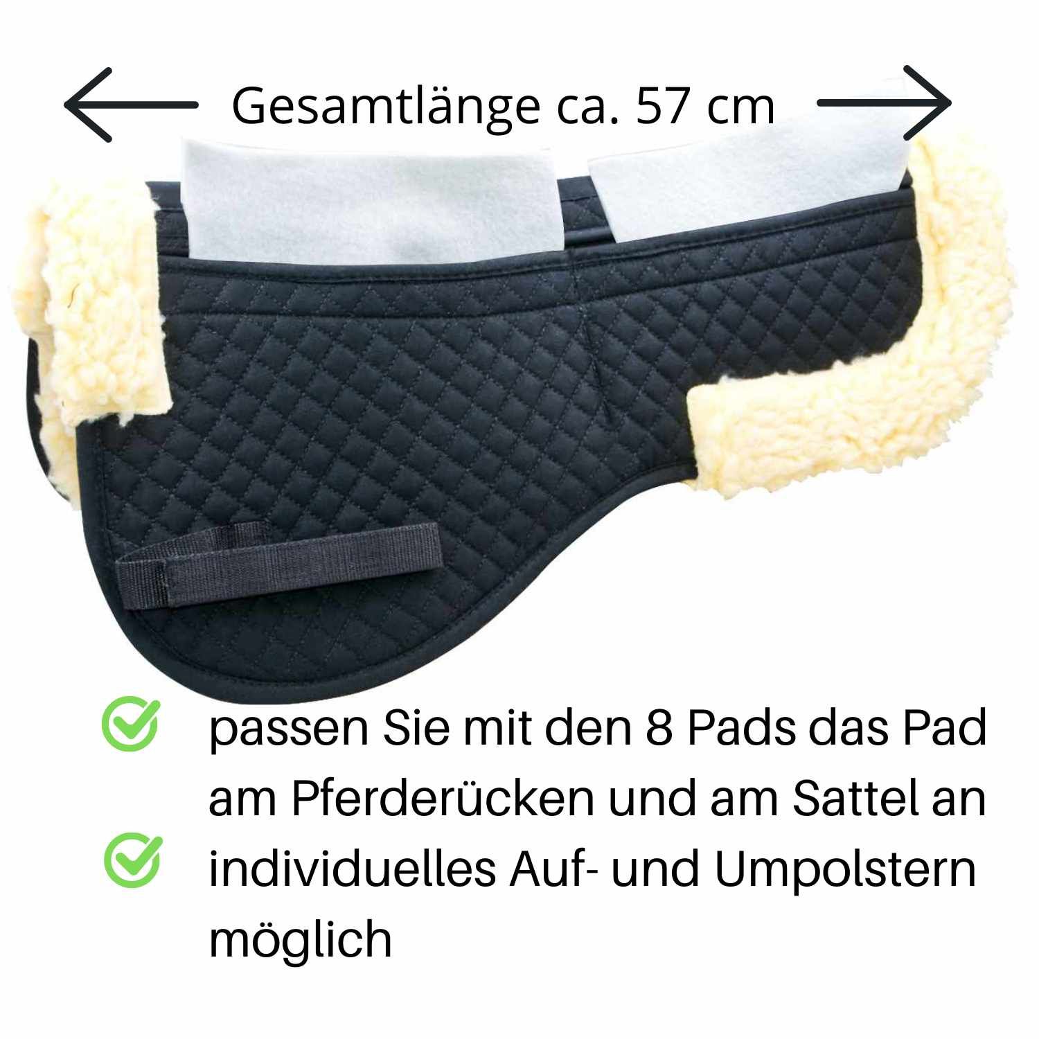 Sattelpad mit ca. 57 cm Gesamtlänge. Text: 'passend Sie mit den 8 Pads...'.