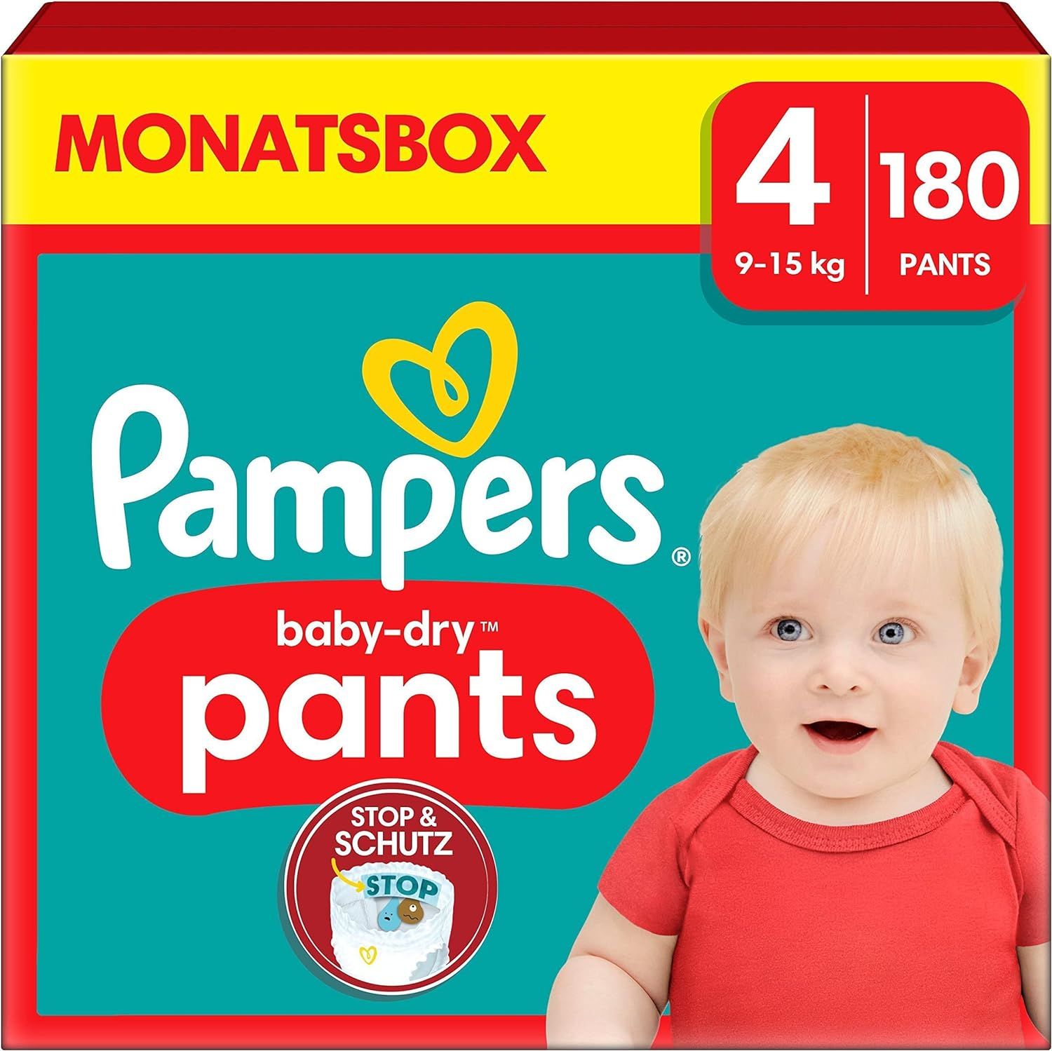 Pampers Baby-Dry Pants Größe 4, Packung mit 180 Stück. Auf der Verpackung ist ein Baby abgebildet.