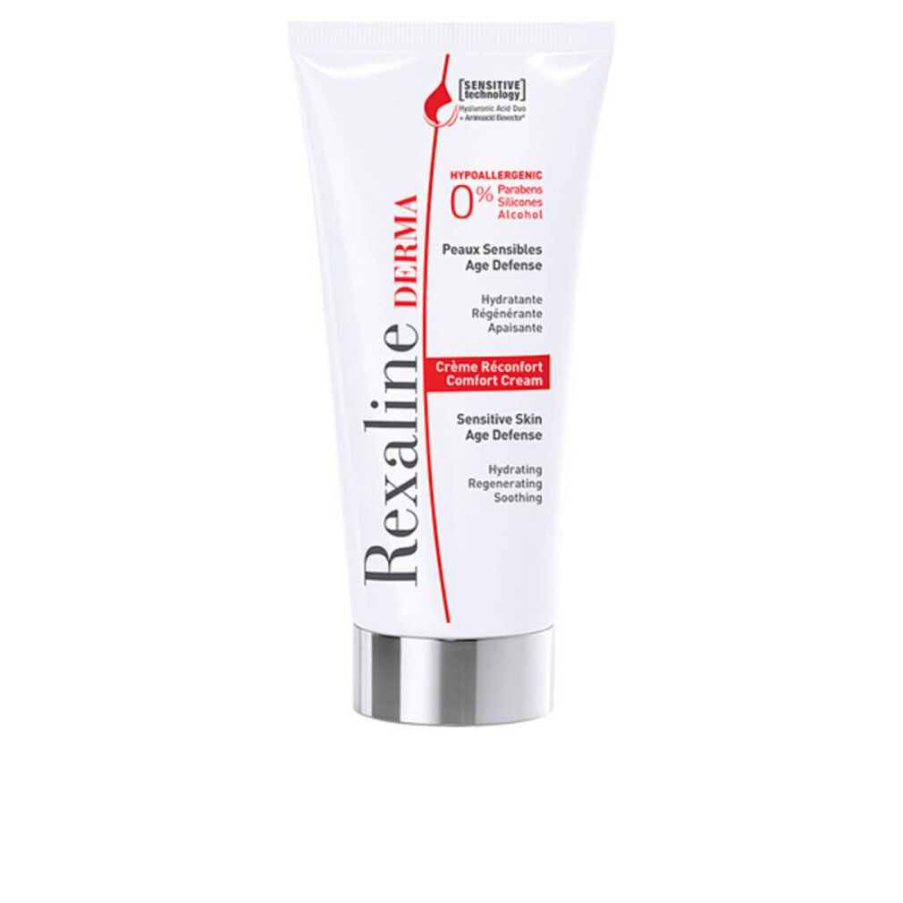 Weiße Tube mit silbernem Deckel. Aufschrift: Rexaline Derma, Crème Réconfort, Sensitive Skin Age Defense, 0% Parfums, Silikone, Alkohol.