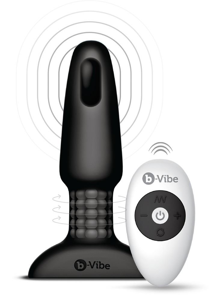 Schwarzer b-Vibe Rim Plug 2 mit Fernbedienung. Produktname und Logo sichtbar. Wellen-Grafik im Hintergrund.