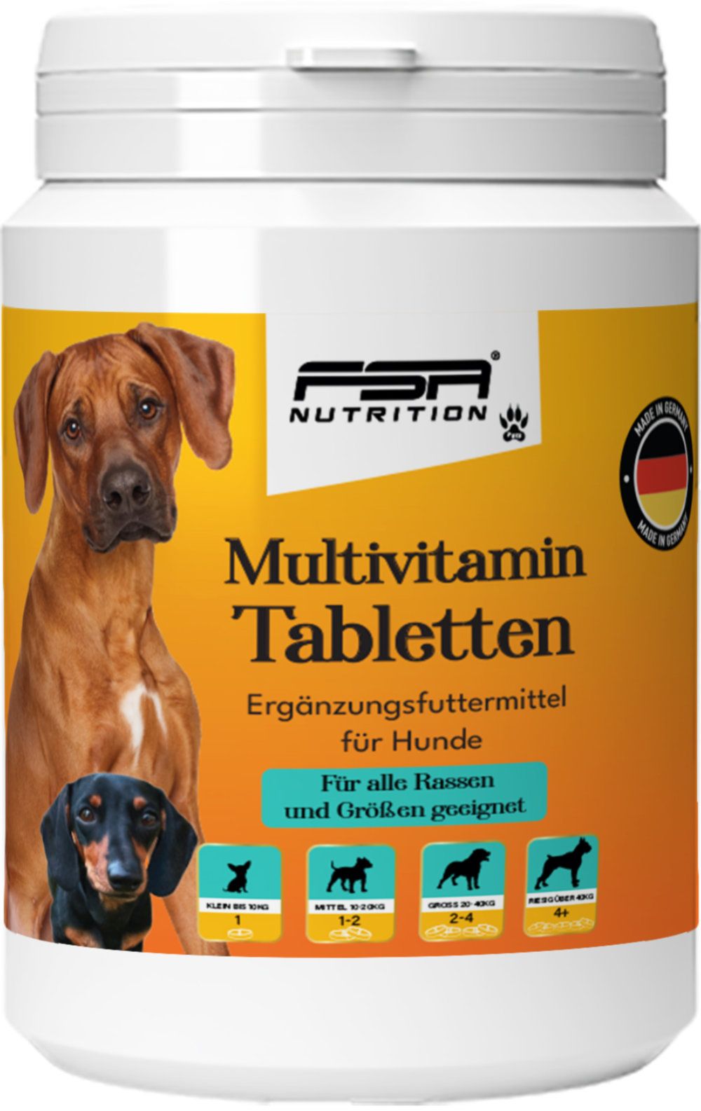 Weißes Tabletten-Behälter mit FSA NUTRITION Logo. Aufschrift: Multivitamin Tabletten für Hunde. Mit Abbildungen von Hunden.