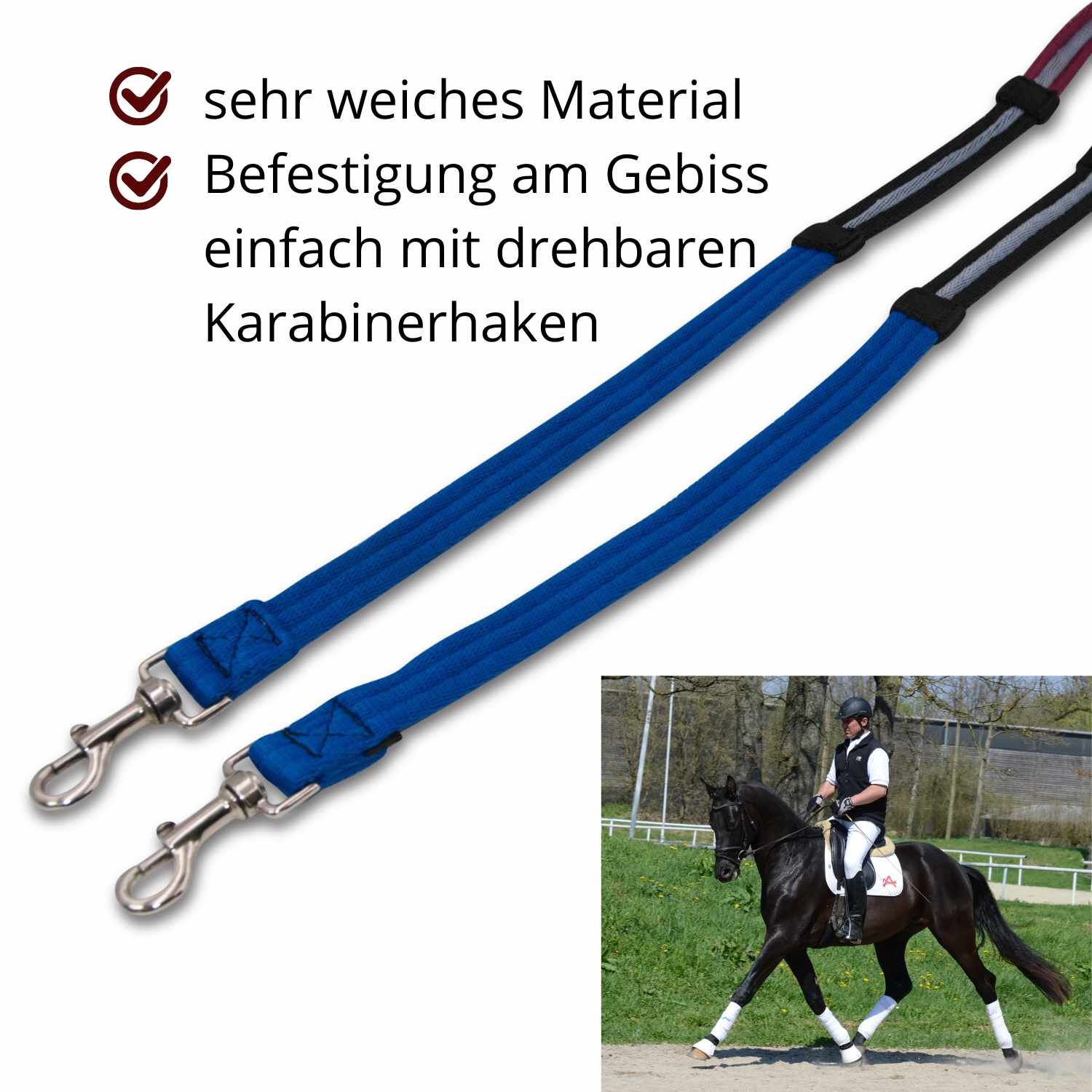Blaue Lehrzügel mit Karabinerhaken. Text: Befestigung am Gebiss einfach mit drehbaren Karabinerhaken.