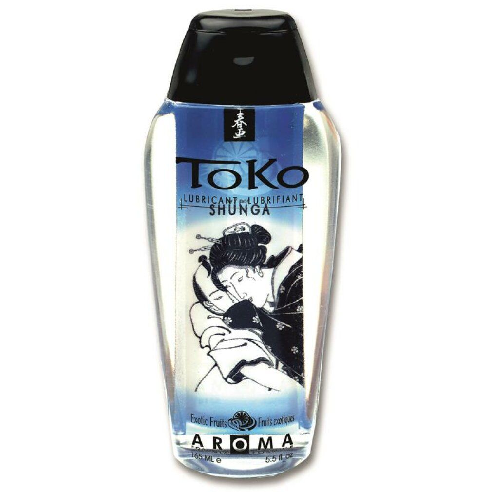 Flüssiges Gleitmittel in einer Flasche mit schwarzem Deckel. Aufschrift: Toko, Shunga, Aroma Exotic Fruits. Abbildung: Frau.