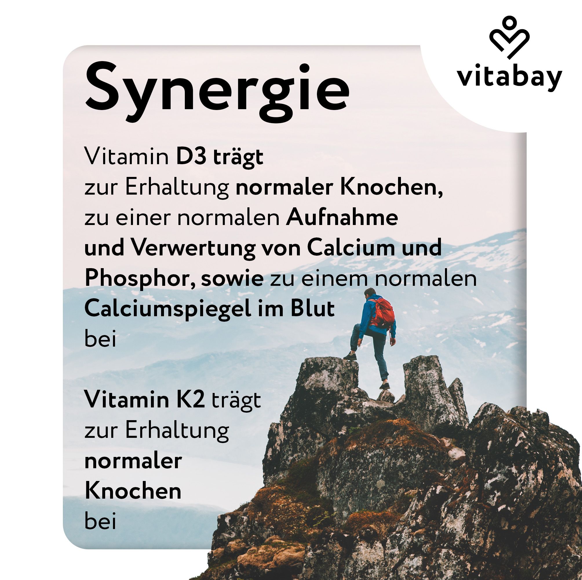 Bild mit Bergsteiger. Text: Synergie. Vitamin D3 und K2. Vitabay Logo.