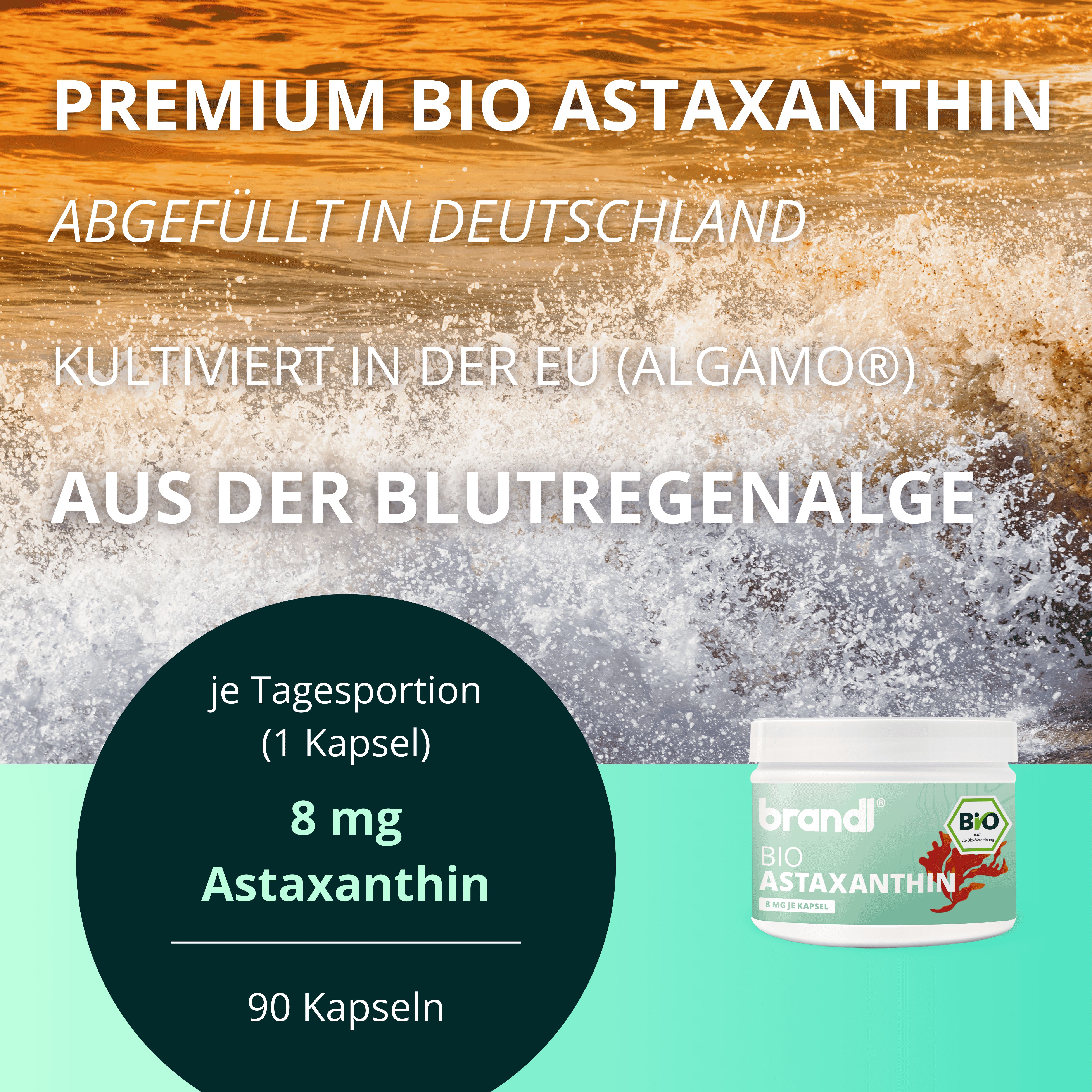Produktglas mit Etikett. Text: Premium BIO Astaxanthin, aus der Blutregenalge. 8 mg Astaxanthin, 90 Kapseln.