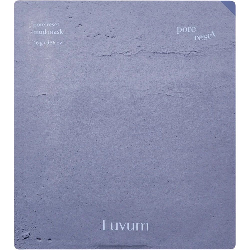 Verpackung der Gesichtsmaske. Text: Pore Reset Mud Mask, LUVUM.