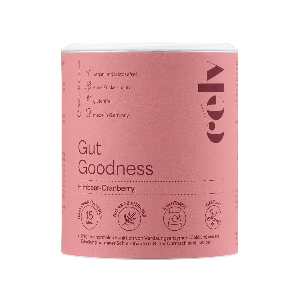 Zylindrische Dose, rosa. Aufschrift: célv, Gut Goodness Himbeer-Cranberry. Symbole für Inhaltsstoffe. Vegan, laktosefrei, ohne Zuckerzusatz, glutenfrei.