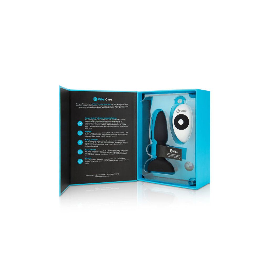 Offene blaue Box mit B-vibe Produkt, Fernbedienung und Anleitungen. Produktname auf der Box.