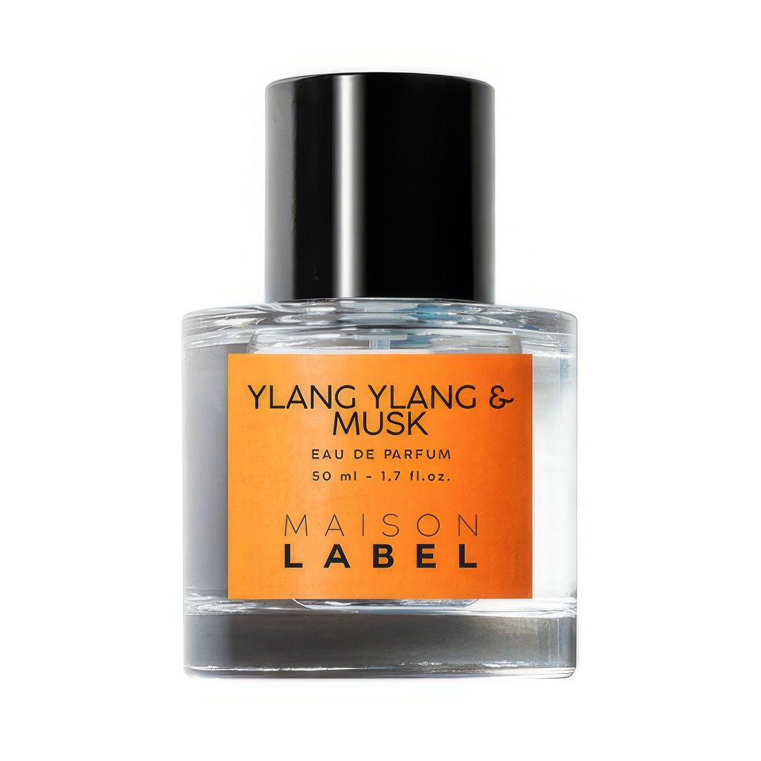 Glasflakon mit schwarzem Deckel. Aufkleber mit Text: Ylang Ylang & Musk, Eau de Parfum, Maison Label.