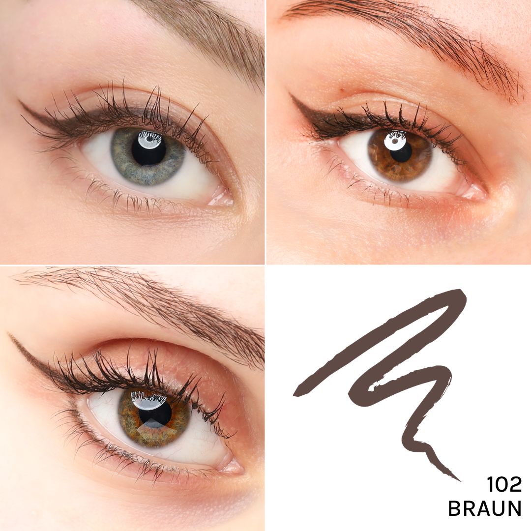 Vier Nahaufnahmen von Augen mit braunem Eyeliner. Der Eyeliner-Strich ist in verschiedenen Formen aufgetragen. Rechts unten: Farbstrich mit der Aufschrift "102 BRAUN".