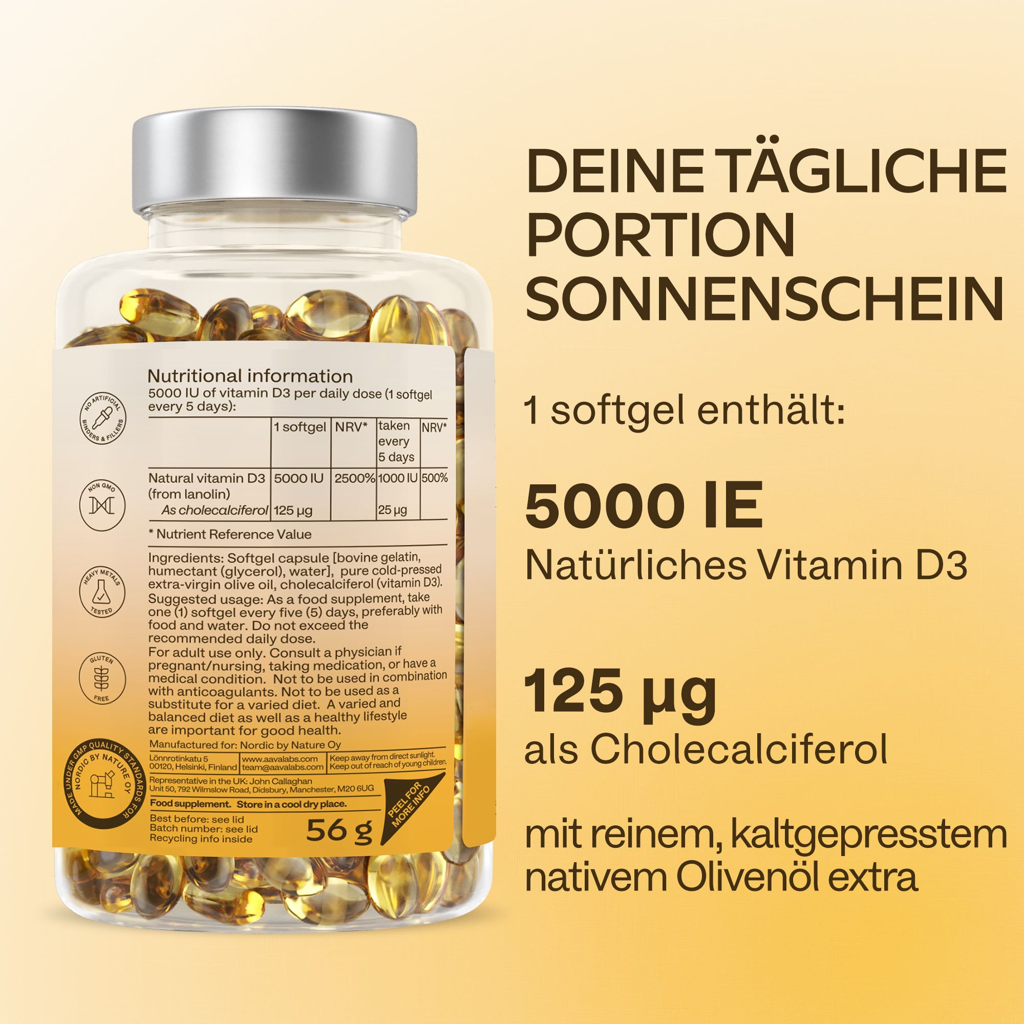 Flasche Aavalabs Vitamin D3 Softgels mit Nährwertangaben und Vorteilen.