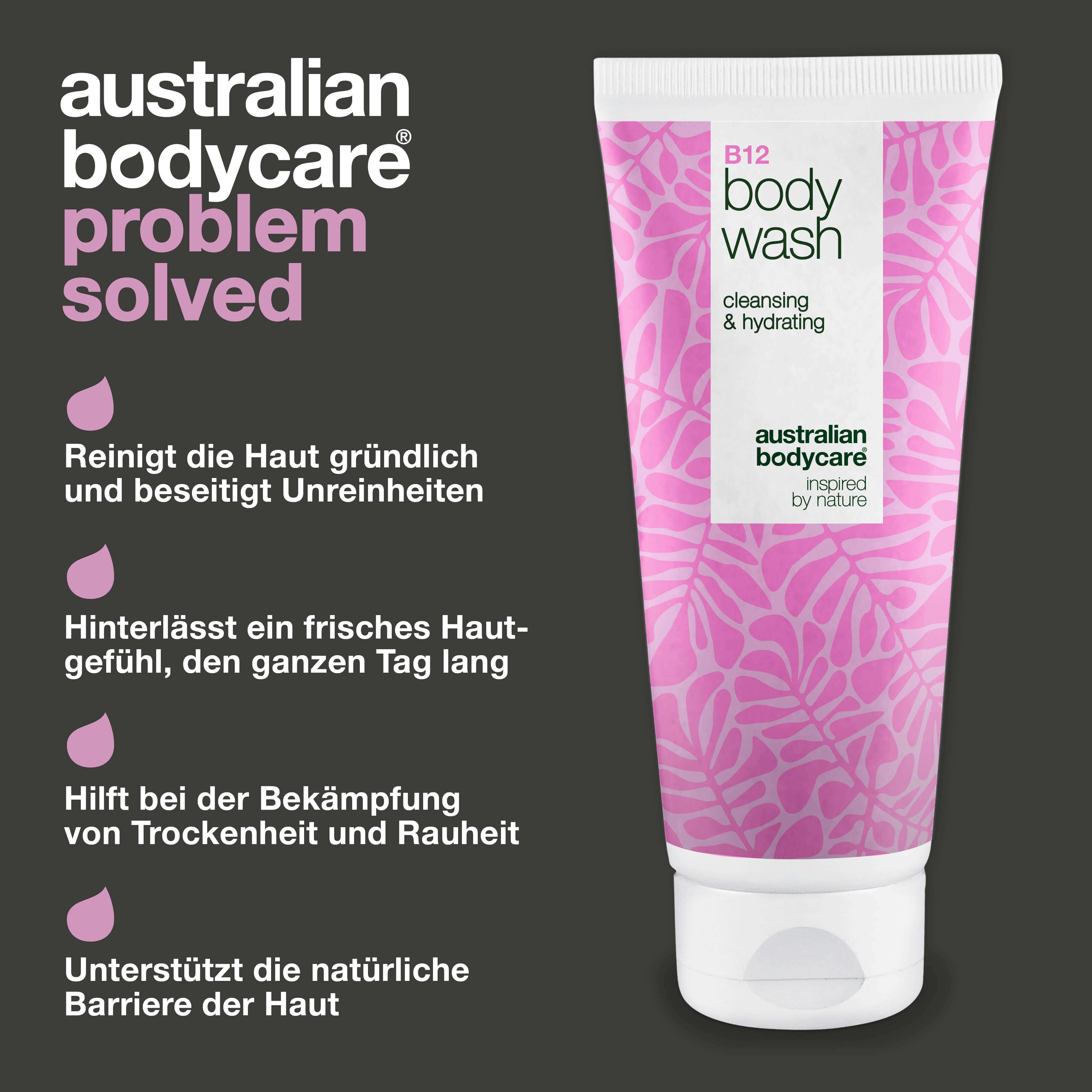 Vergleich: Problem (Haut) vs. Lösung (B12 Body Wash). Produkt in Tube, rosa Design.