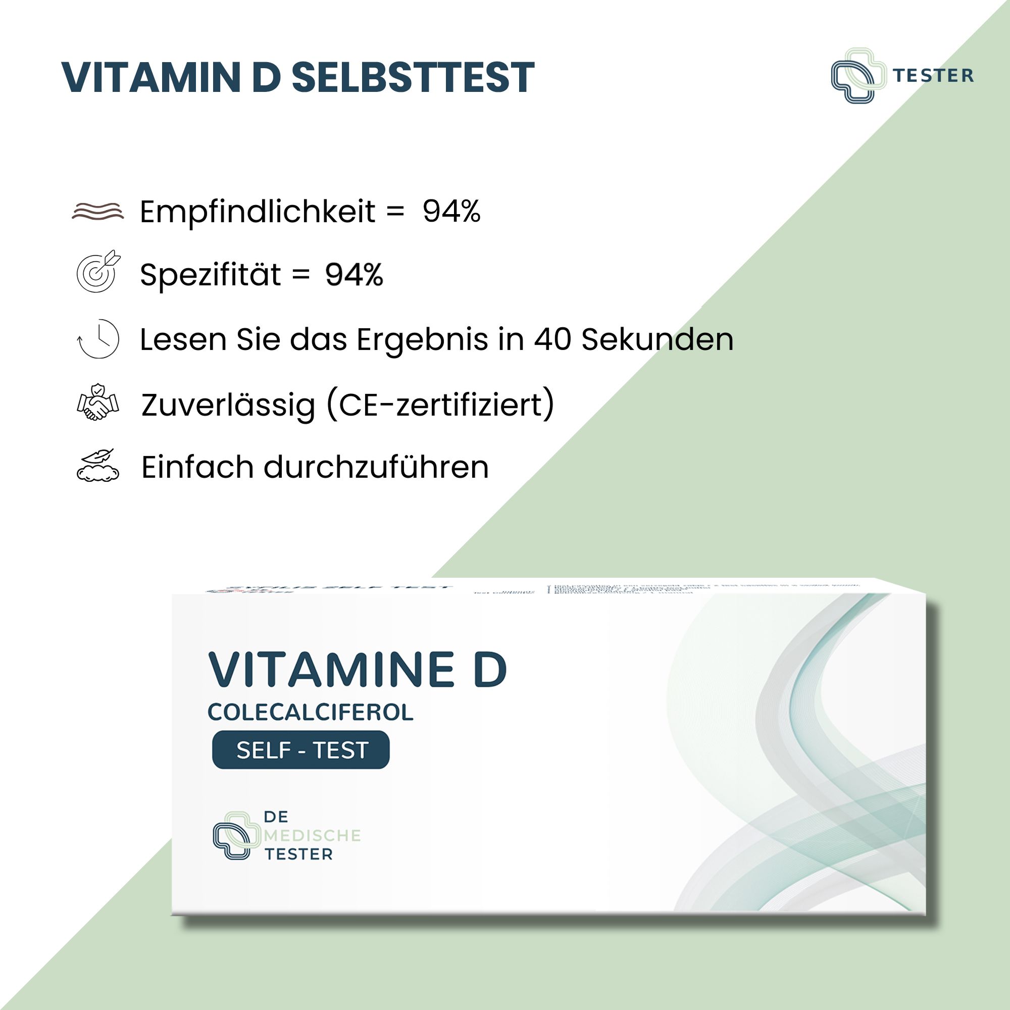 Produktverpackung mit Text "VITAMIN D SELBSTTEST". Angaben zu Sensitivität, Spezifität, Ergebniszeit und Zertifizierung.