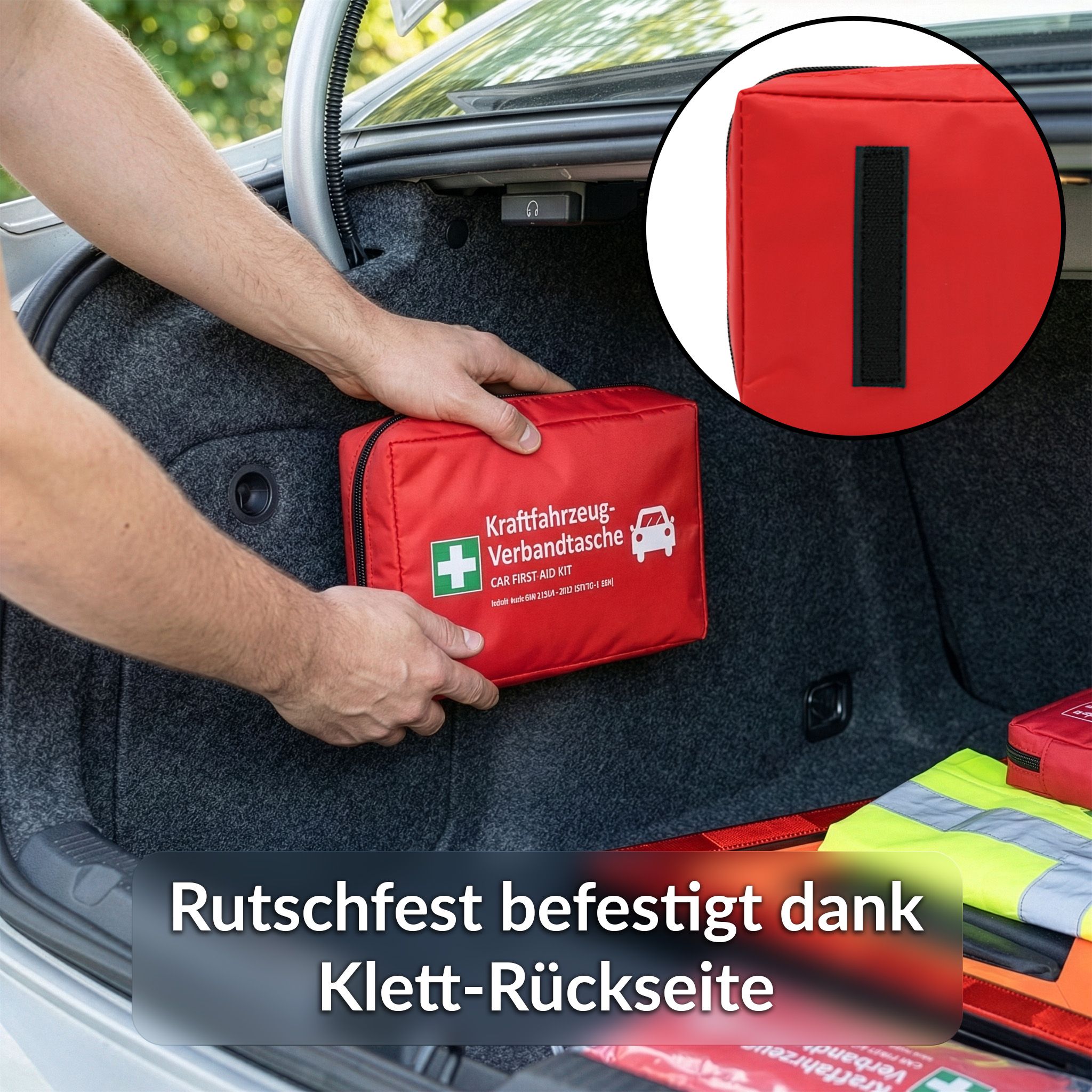 KFZ-Verbandtasche im Kofferraum. Rote Tasche mit Klettverschluss. Text: Rutschfest befestigt dank Klett-Rückseite.