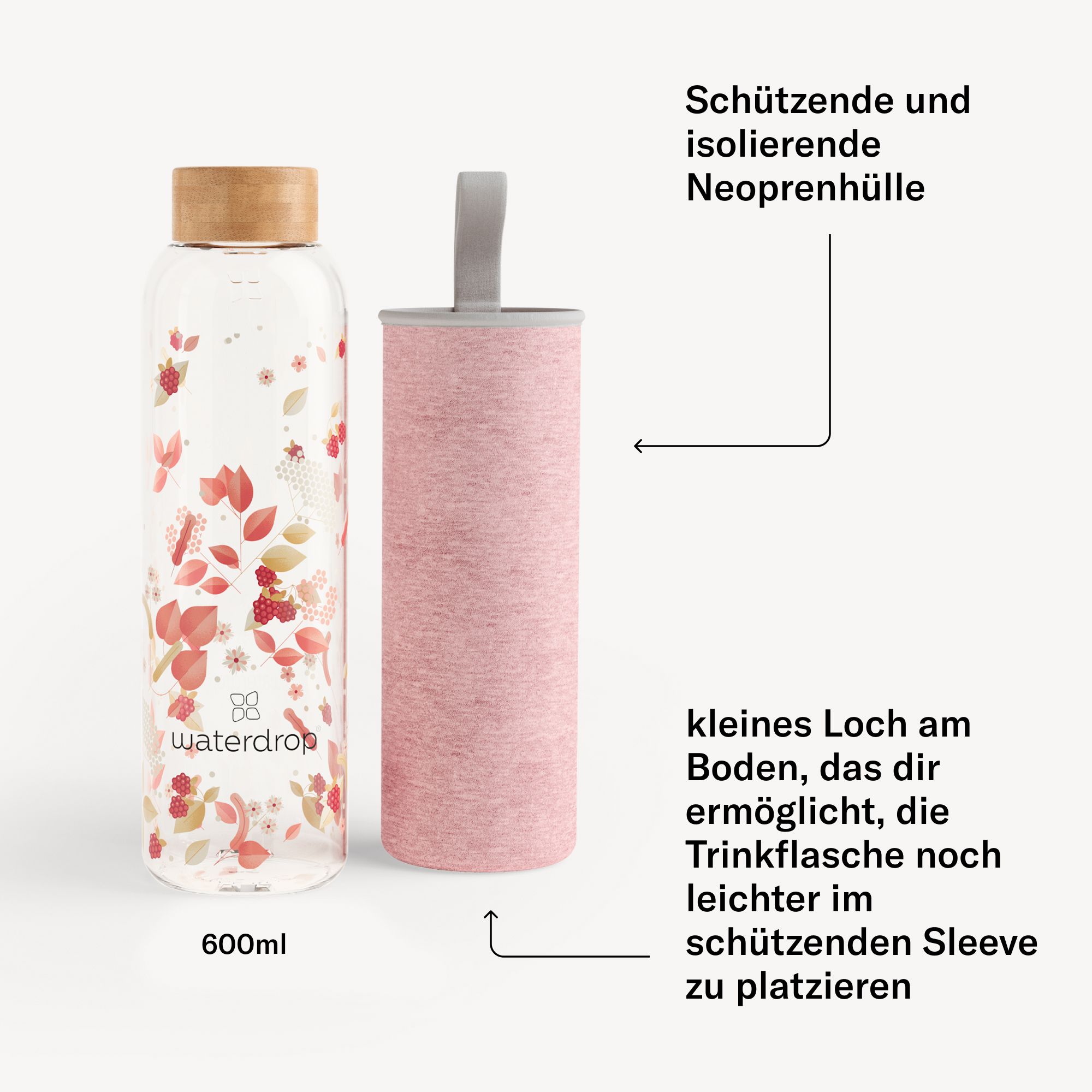 Glasflasche mit floralem Muster und Holzdeckel, neben einer rosa Neoprenhülle. Text: 600ml.