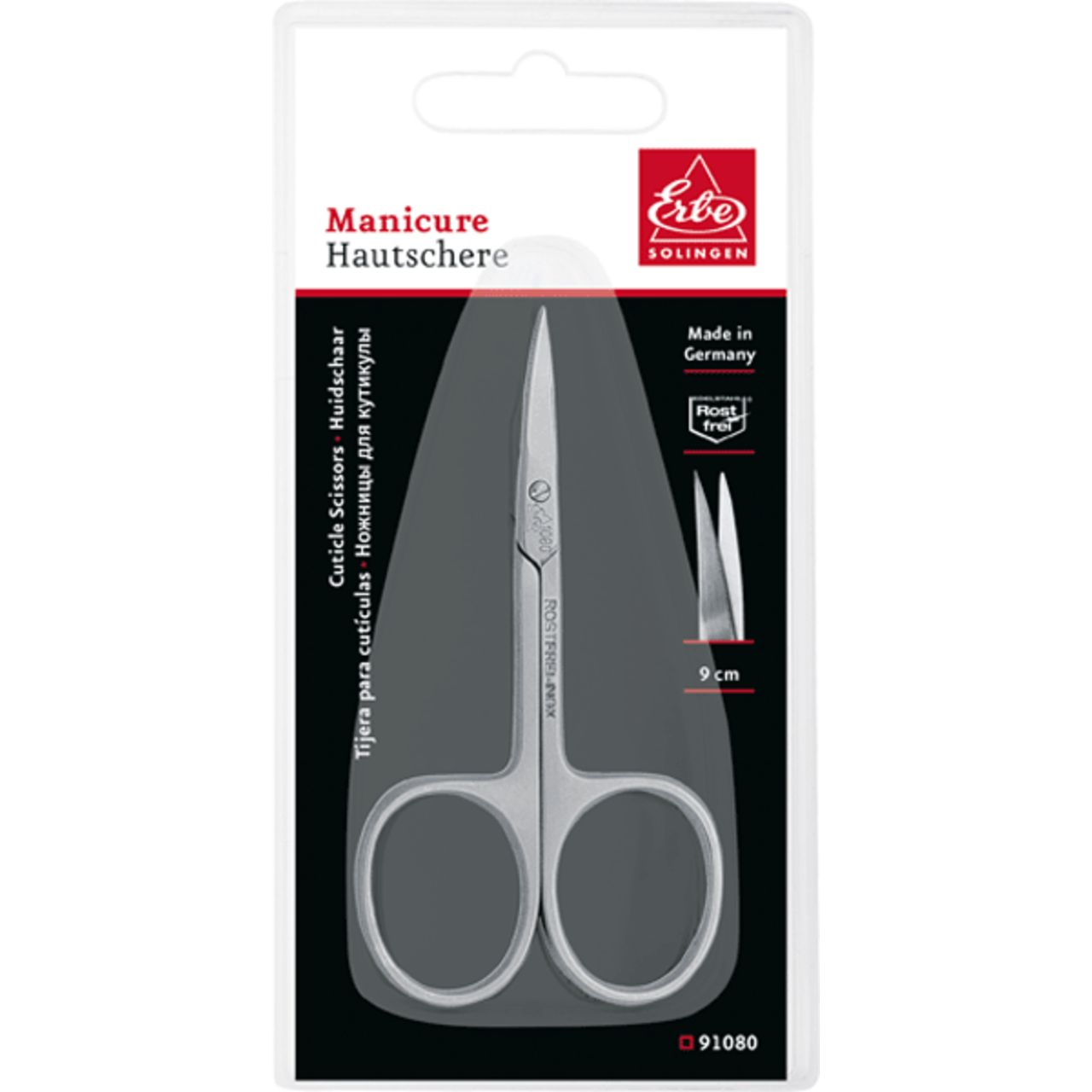 Maniküre-Hautschere aus Solingen, 9 cm lang, Made in Germany.