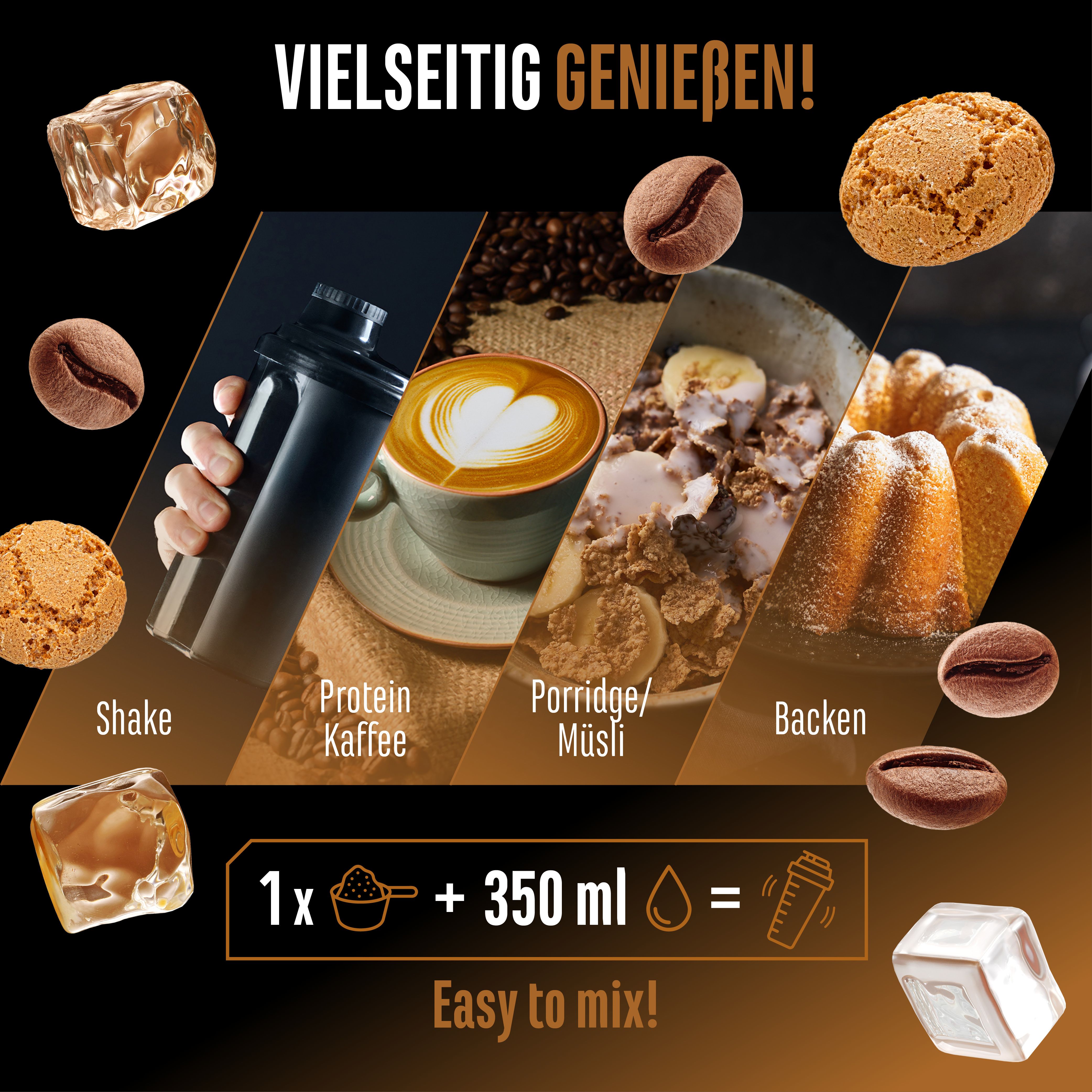 Bild zeigt verschiedene Zubereitungsmöglichkeiten von Wheypresso Protein Coffee. Mit Shake, Kaffee, Porridge und Backen.
