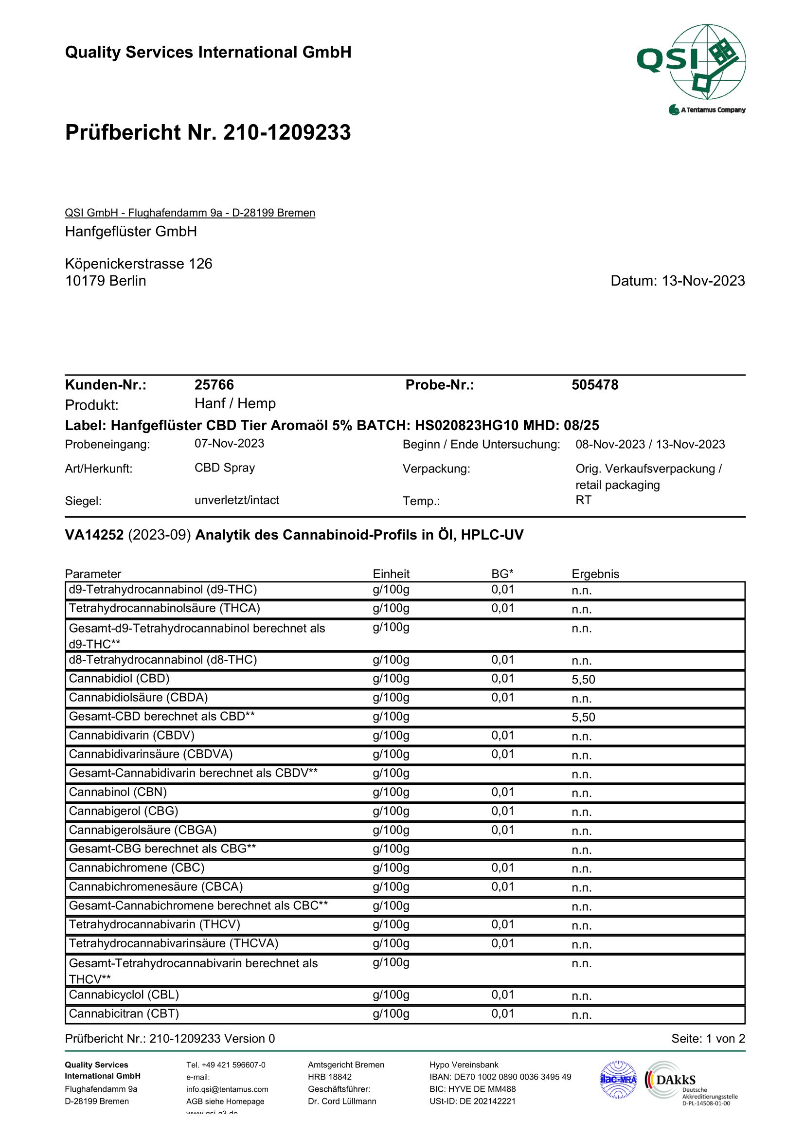 Prüfbericht von Quality Services International GmbH. Analyse der Cannabinoid-Profile in Öl. Enthält Tabellen mit Ergebnissen.
