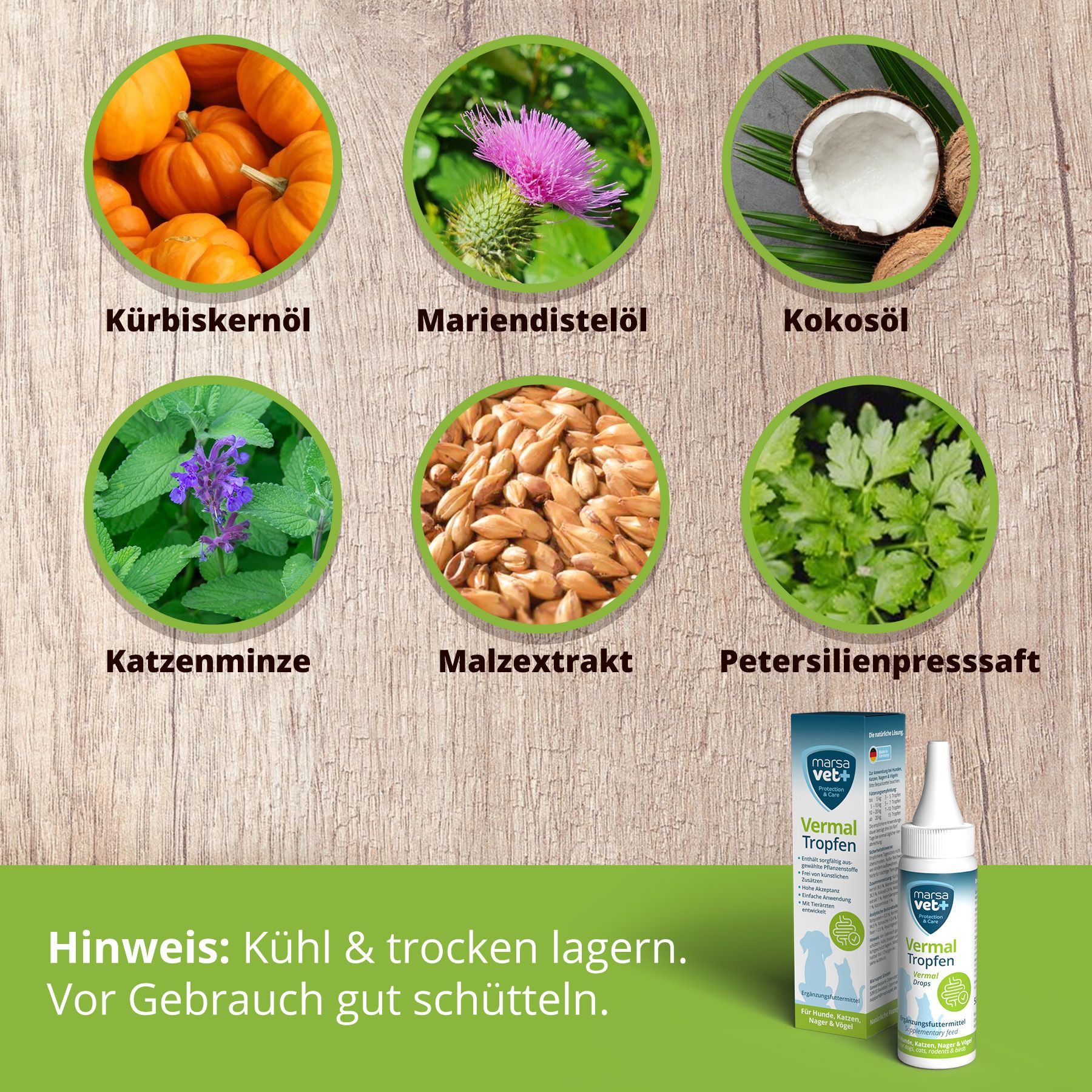 Flasche und Schachtel "Vermal Tropfen" neben Zutaten-Kreisen. Text: "Marsa Vet+". Zutaten-Kreise.